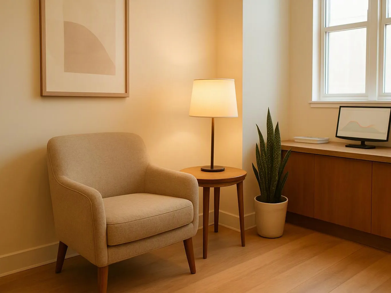 A beige armchair sits beside a lit table lamp, a potted plant, and a wooden cabinet under a bright window
