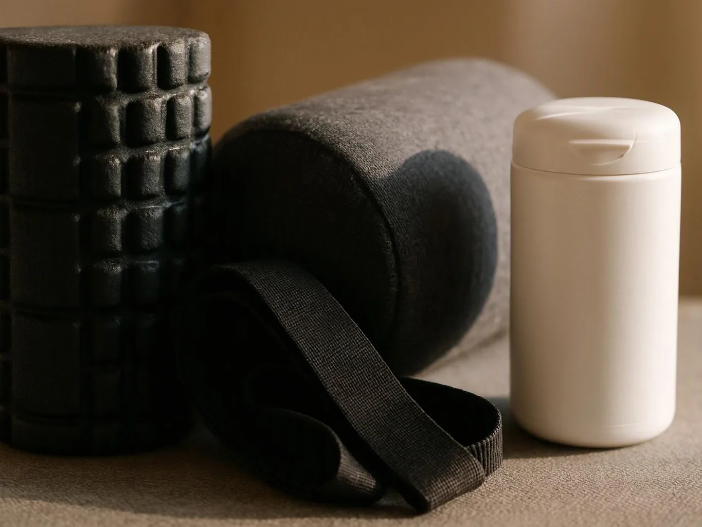 A black foam roller, rolled mat, and white lidded bottle rest on a beige surface