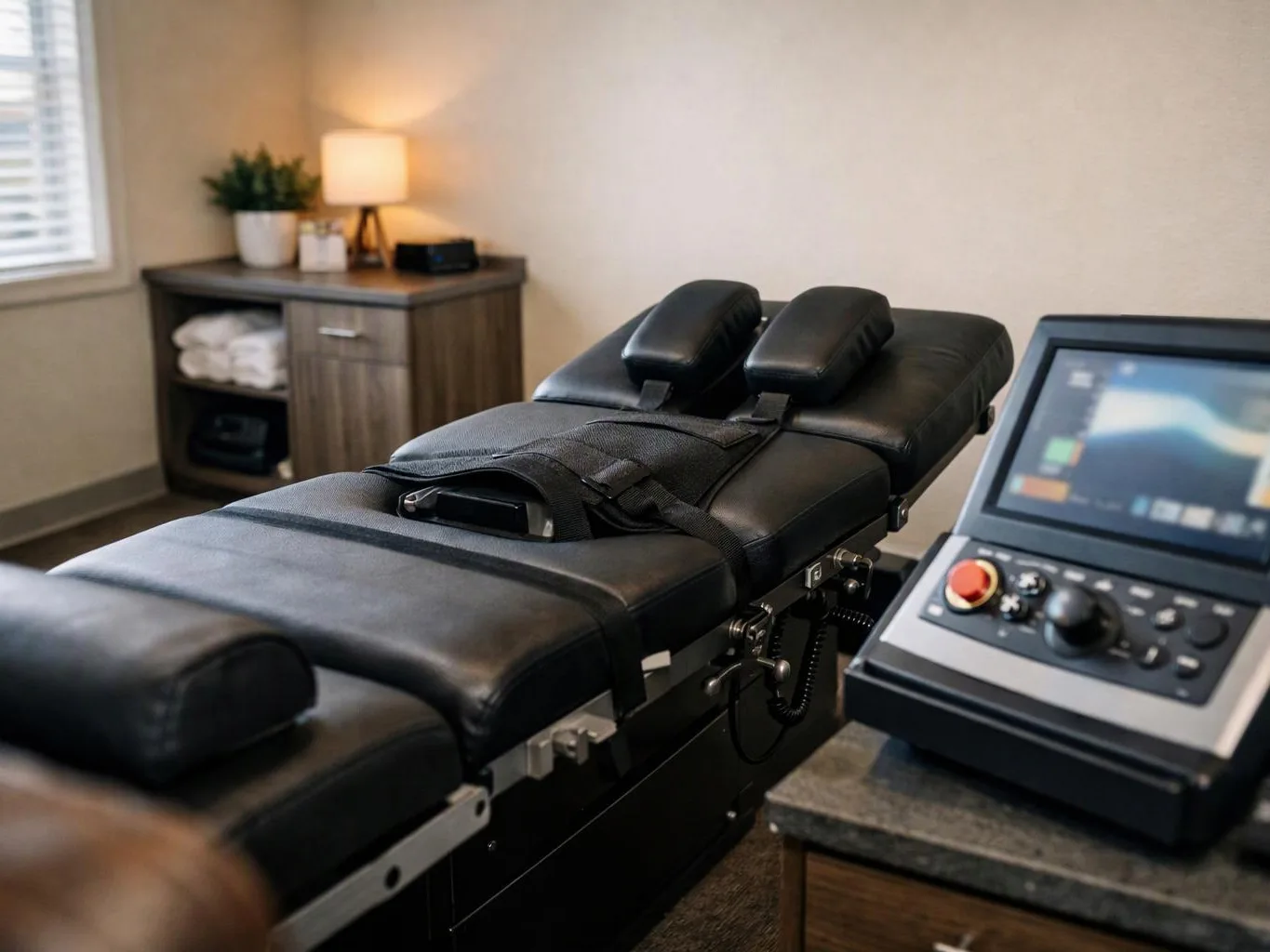 A black massage table sits beside a control console in a softly lit treatment room