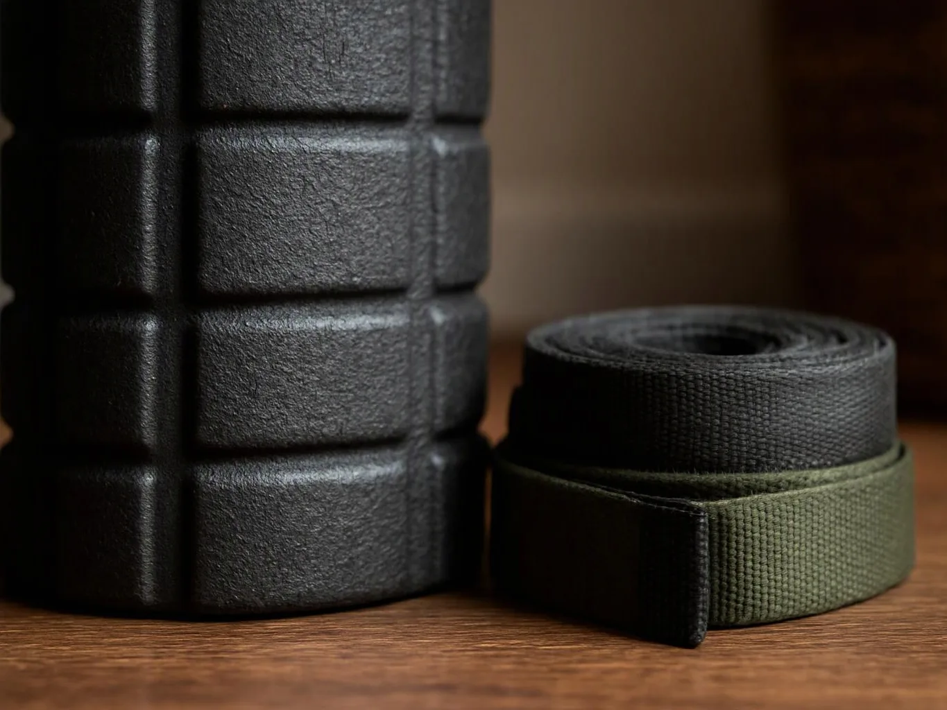 A black textured foam roller stands beside a rolled black and green strap on a wooden surface
