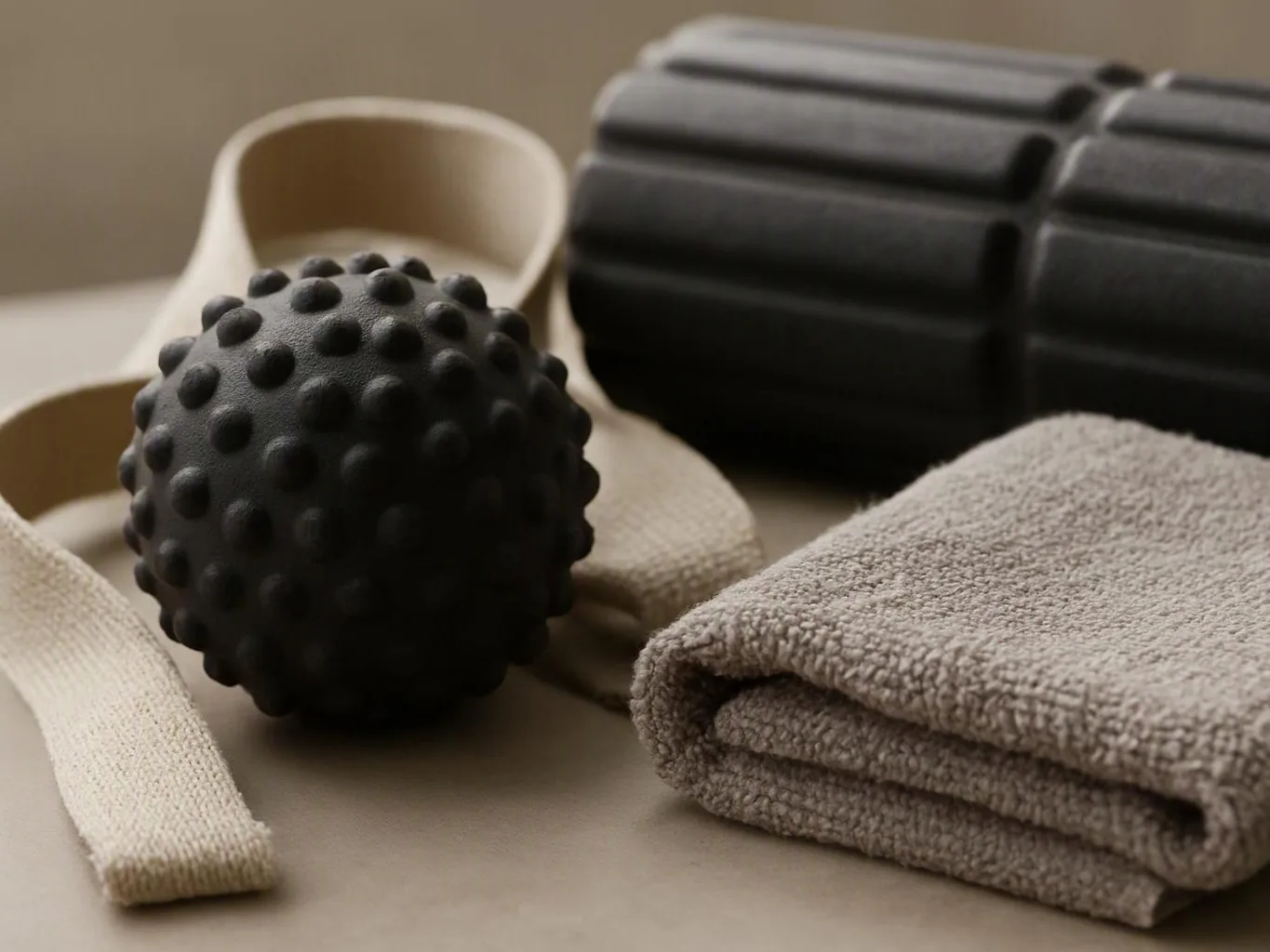 A black textured massage ball rests beside folded towels and foam rollers on a neutral surface
