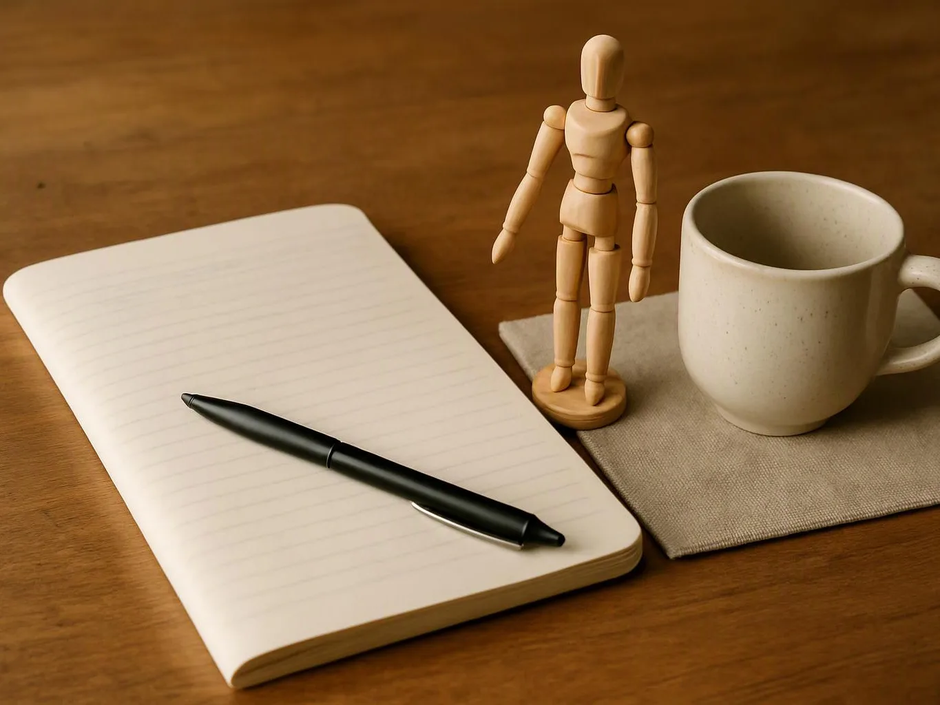 A blank lined notebook with a black pen sits beside a wooden mannequin and a white mug on a wooden table