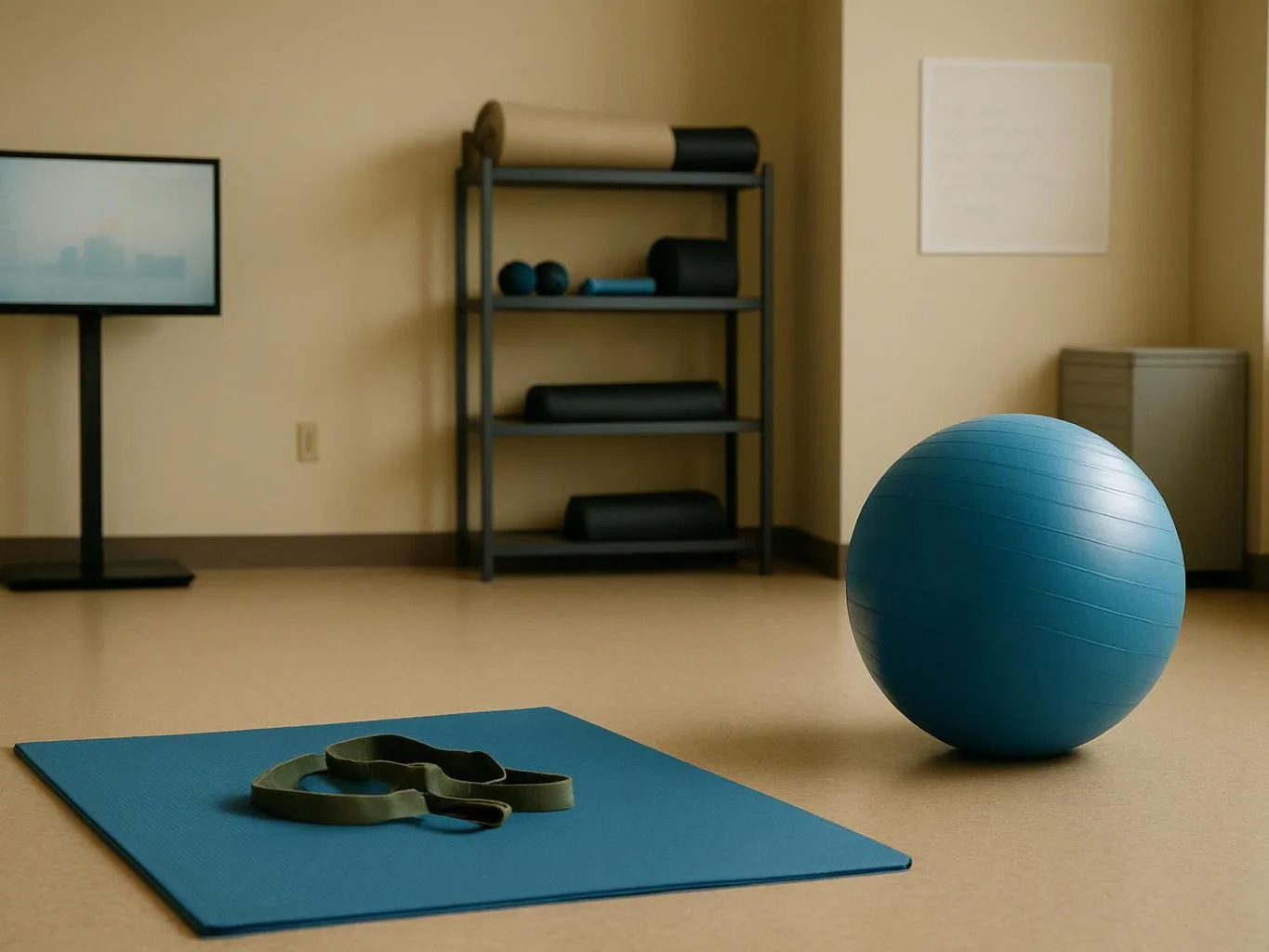 A blue exercise ball and mat with a strap sit in a quiet fitness room with shelves and a screen