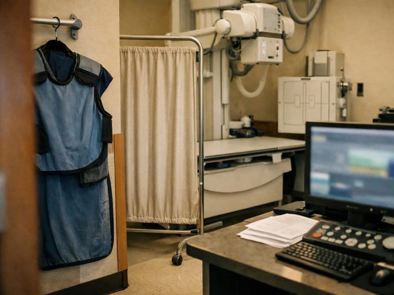 A blue lead apron hangs beside a curtained X-ray room with imaging equipment and a workstation in front