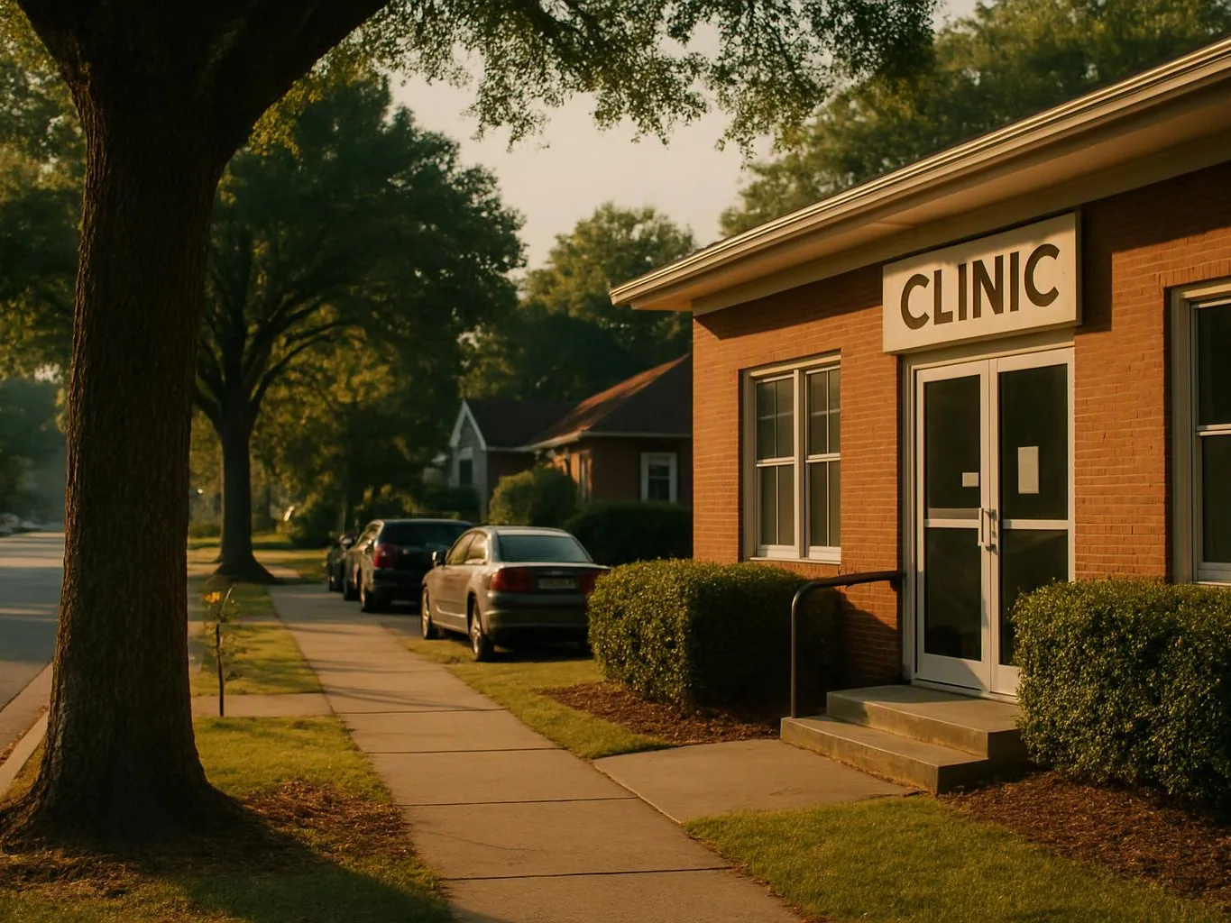 A brick clinic building with a glass entrance sits beside a sidewalk, trees, and parked cars at dusk