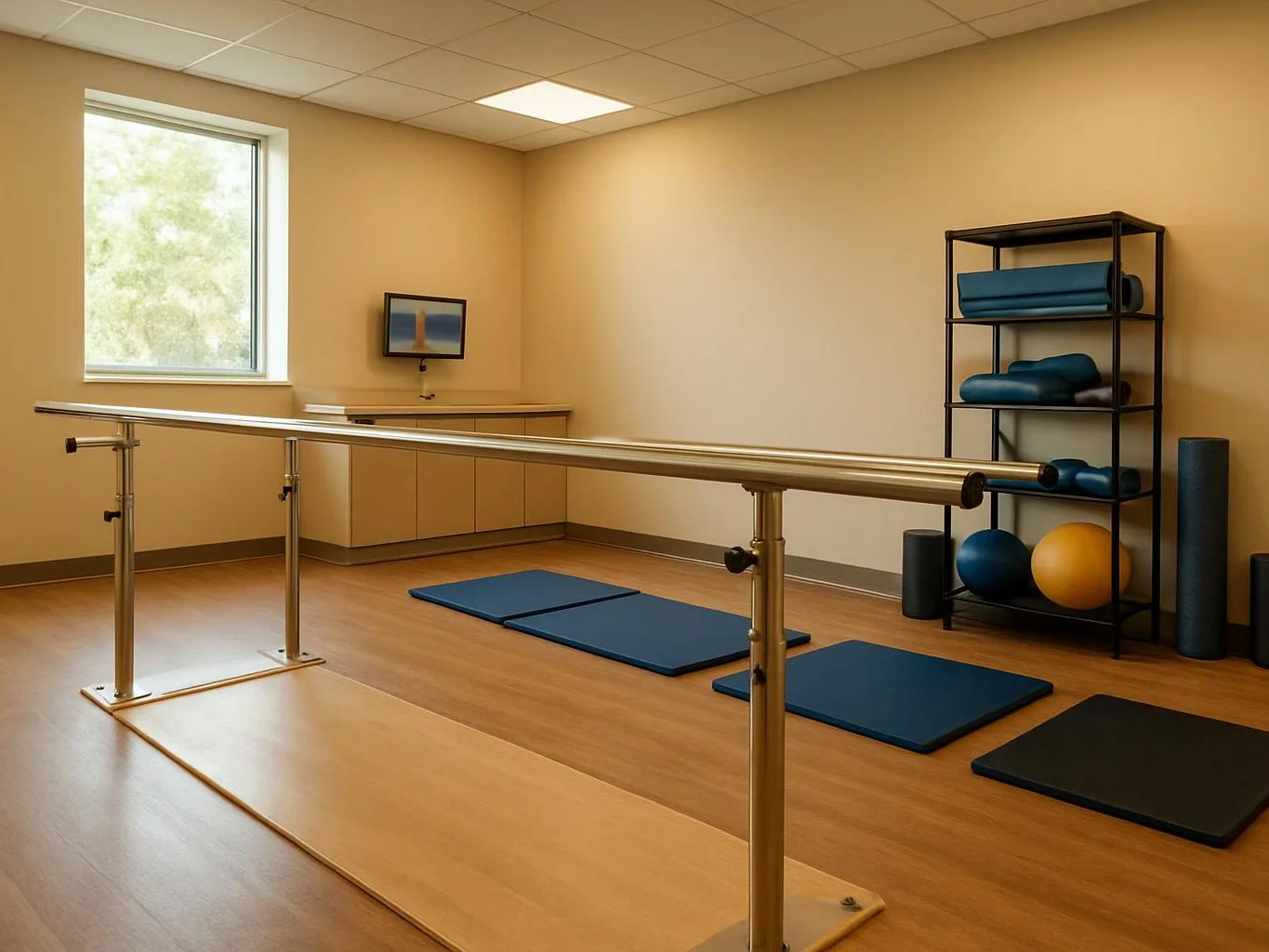 A bright exercise room has mats, a ballet barre, and shelves with yoga props and foam rollers