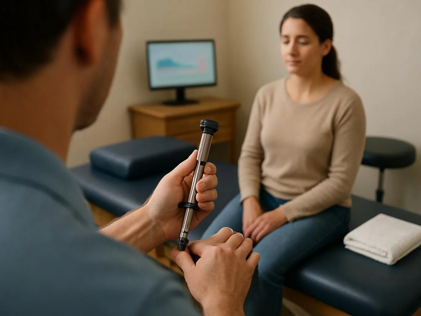 A clinician holds a reflex hammer near a seated woman in a quiet exam room