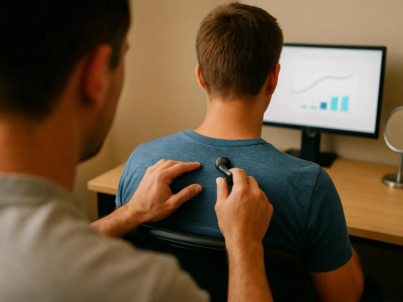 A clinician places a probe on a seated man's upper back while a chart glows on a monitor