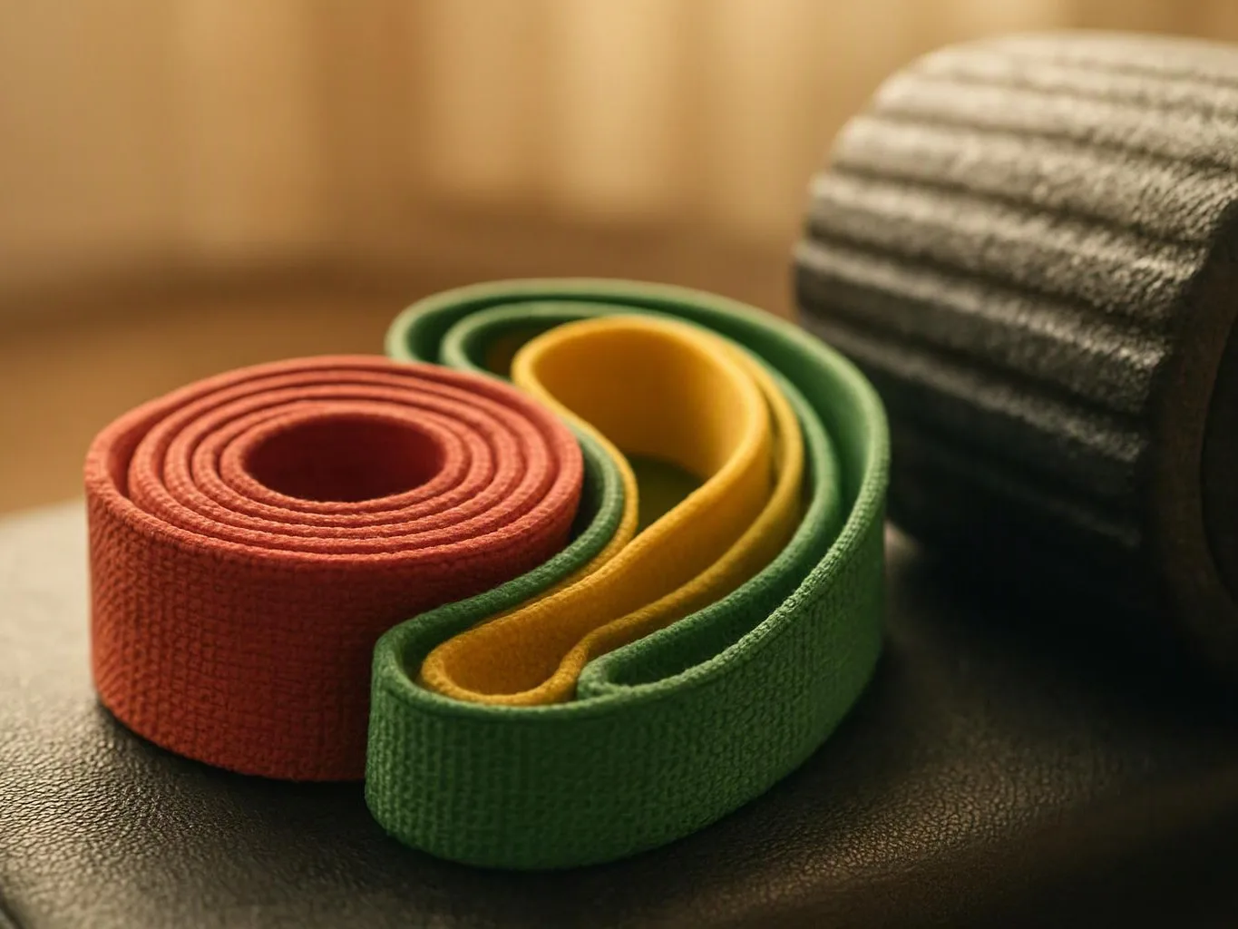 A close-up shows rolled red, green, and yellow fabric straps beside a gray foam roller on a dark surface
