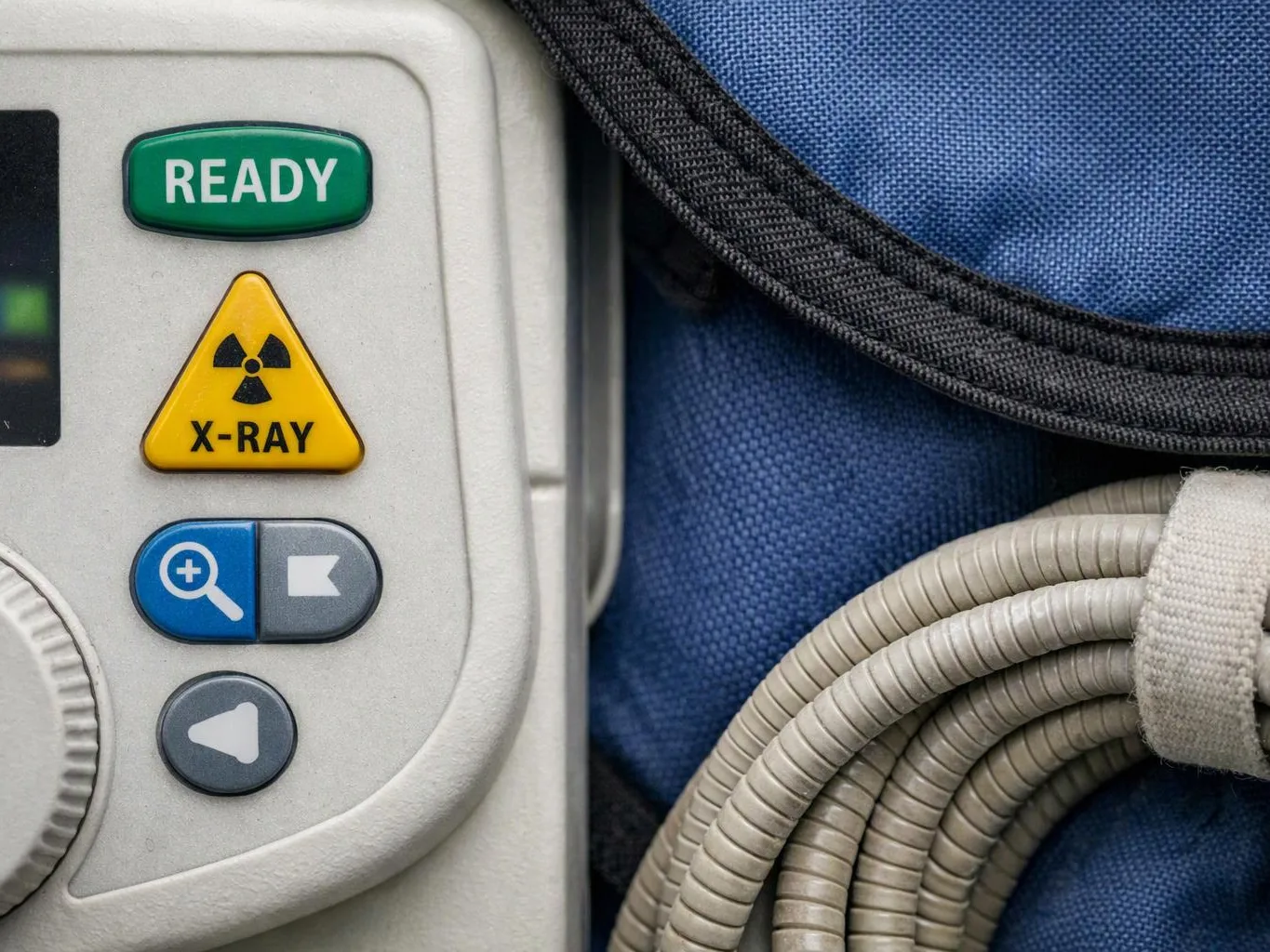 Close-up of an X-ray device control panel beside coiled cables and a blue fabric bag