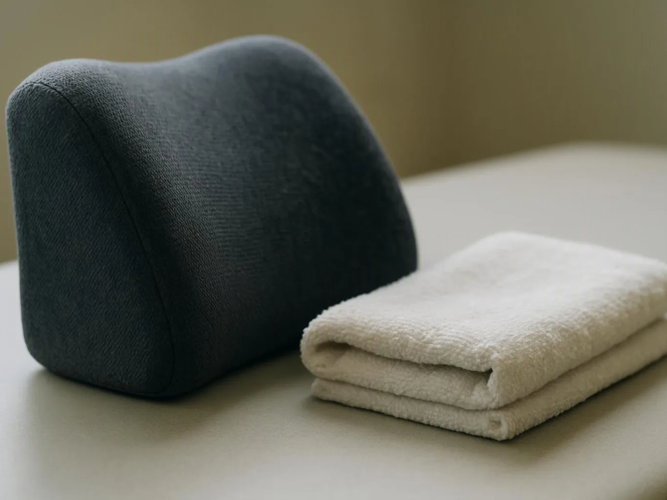 A dark fabric cushion sits beside two folded white towels on a smooth beige surface