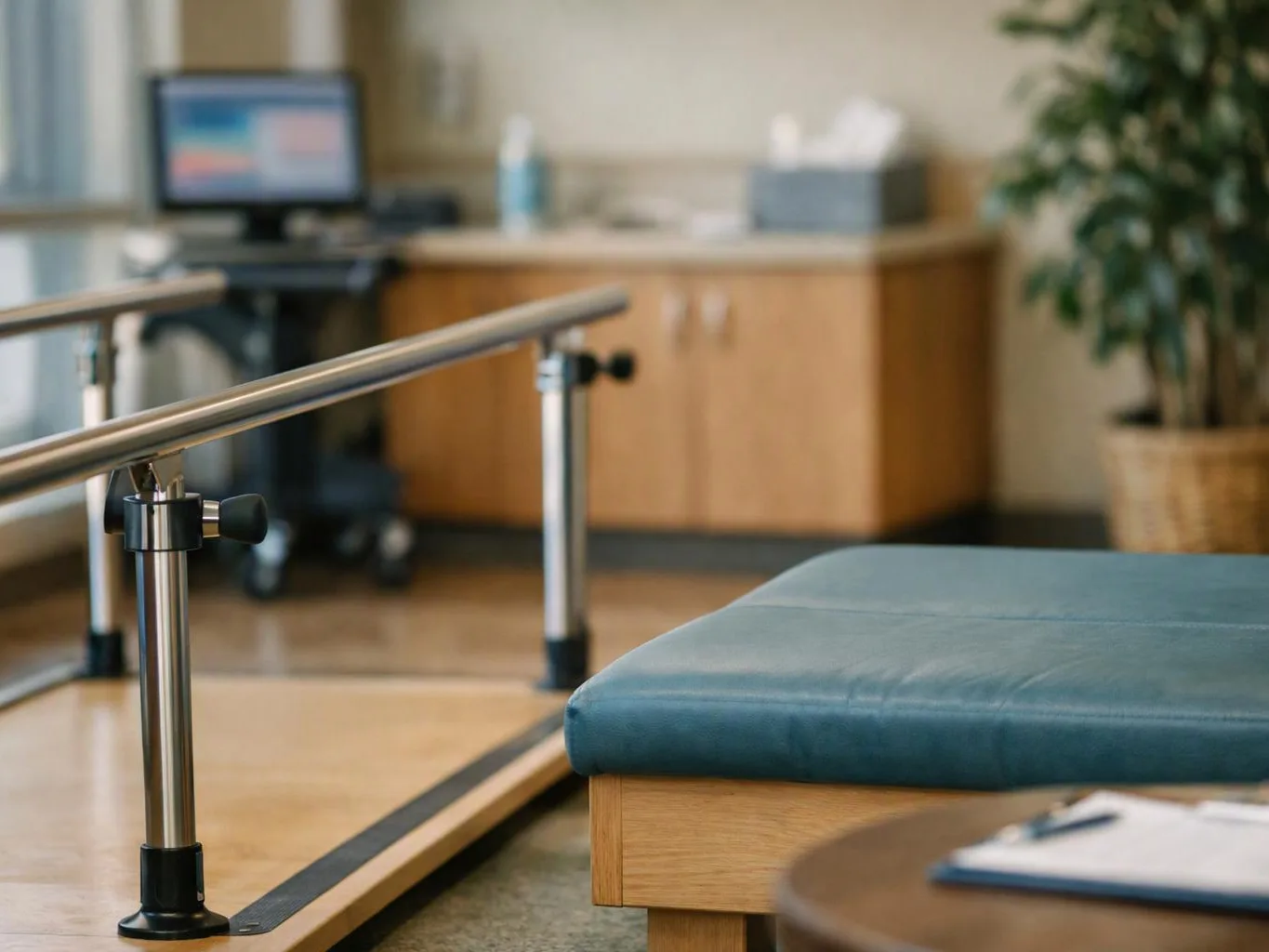 Empty rehabilitation room with parallel bars, a treatment table, and a desk in the background