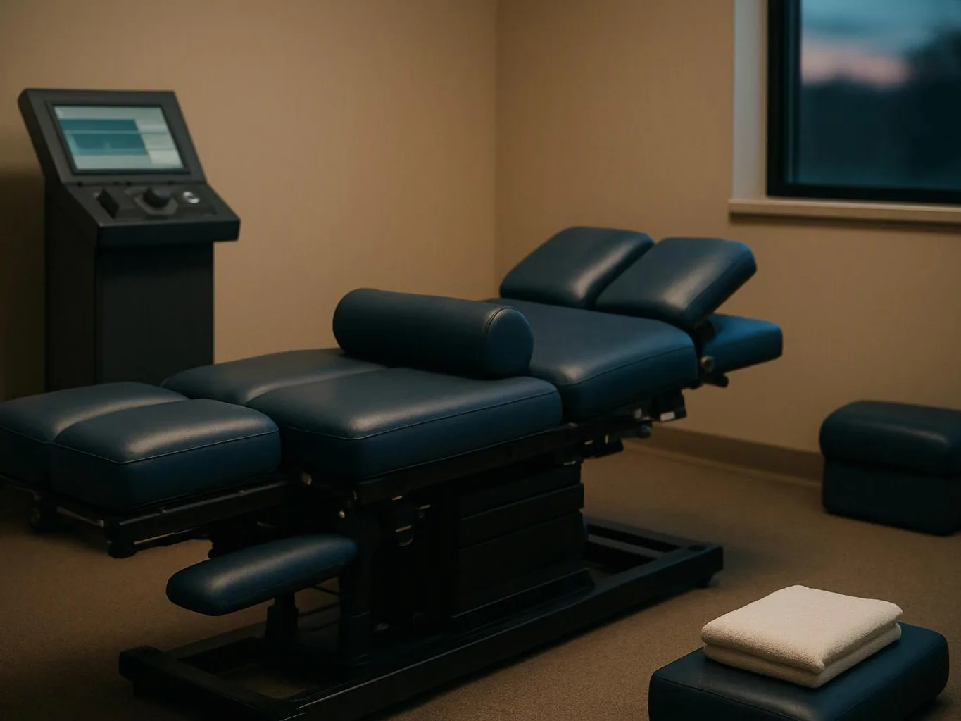 An empty treatment room shows a padded adjustable exam table beside a control console and folded towels