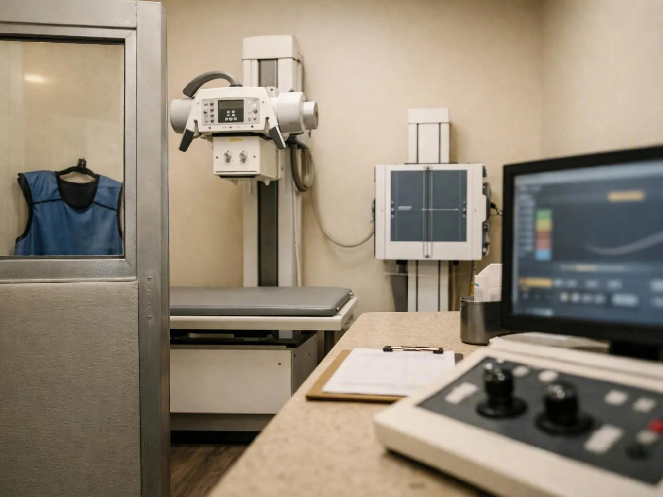 An empty X-ray room shows a patient table, imaging machine, control monitor, and a blue protective vest hanging behind glass