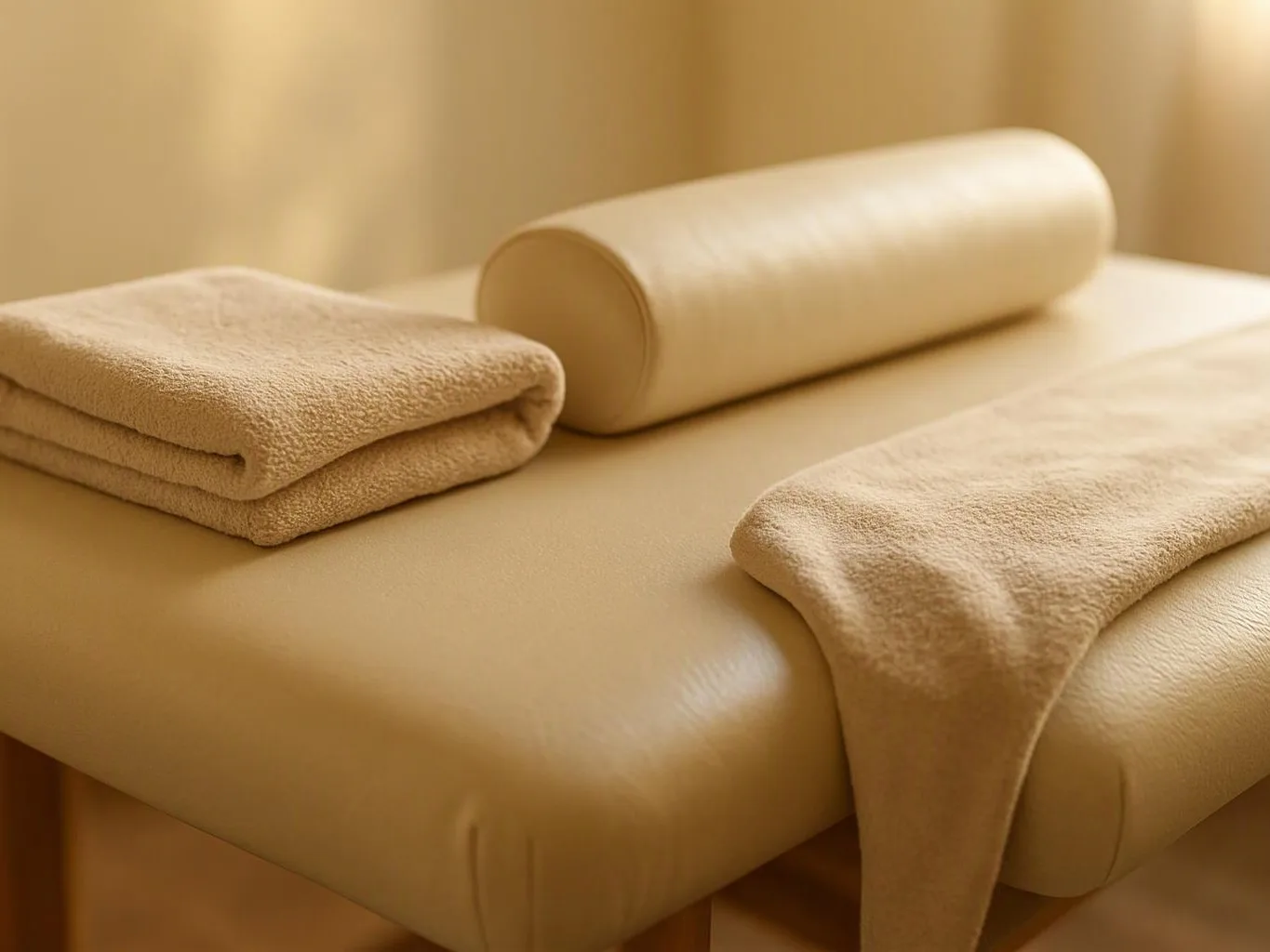 Folded beige towels and a rolled mat rest on a padded treatment table in warm light