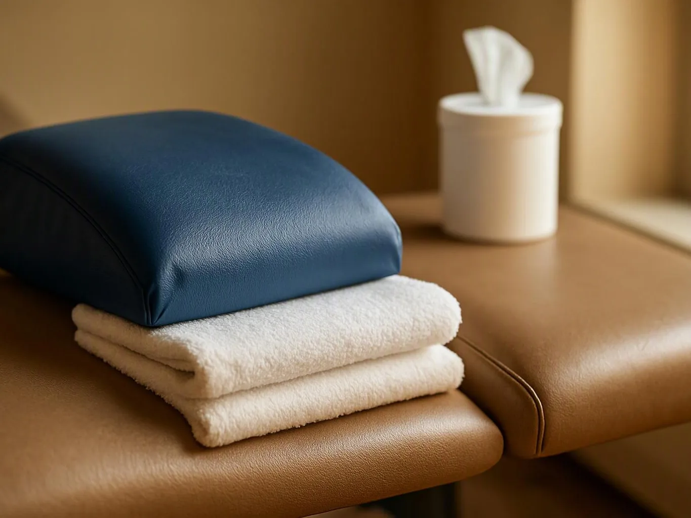 A folded blue cushion rests on white towels beside a tissue box on a tan leather treatment table