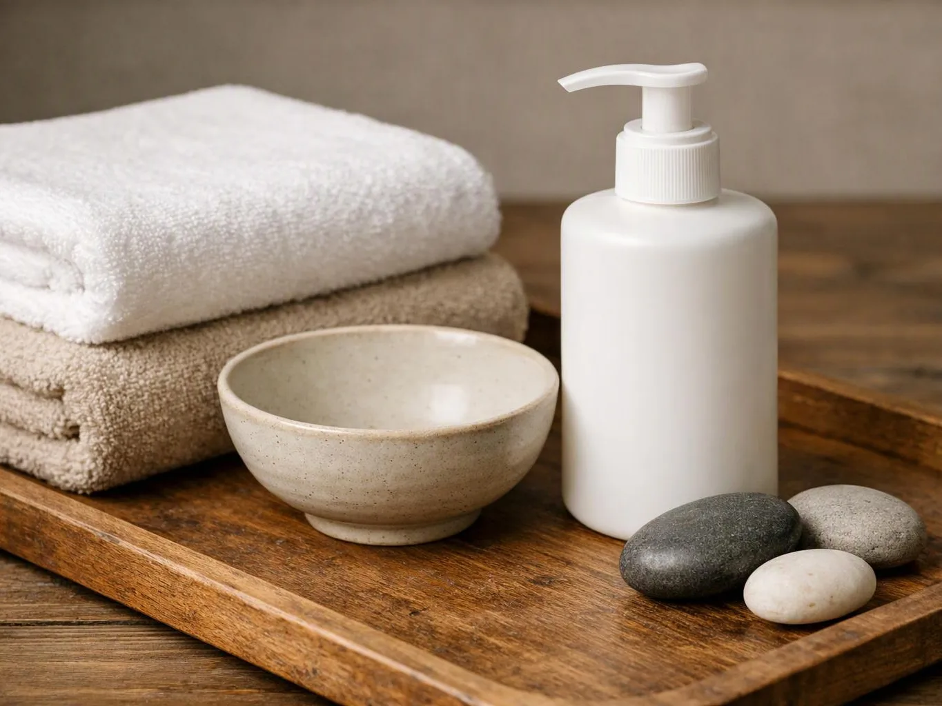 Folded towels, a ceramic bowl, a pump bottle, and smooth stones rest on a wooden tray