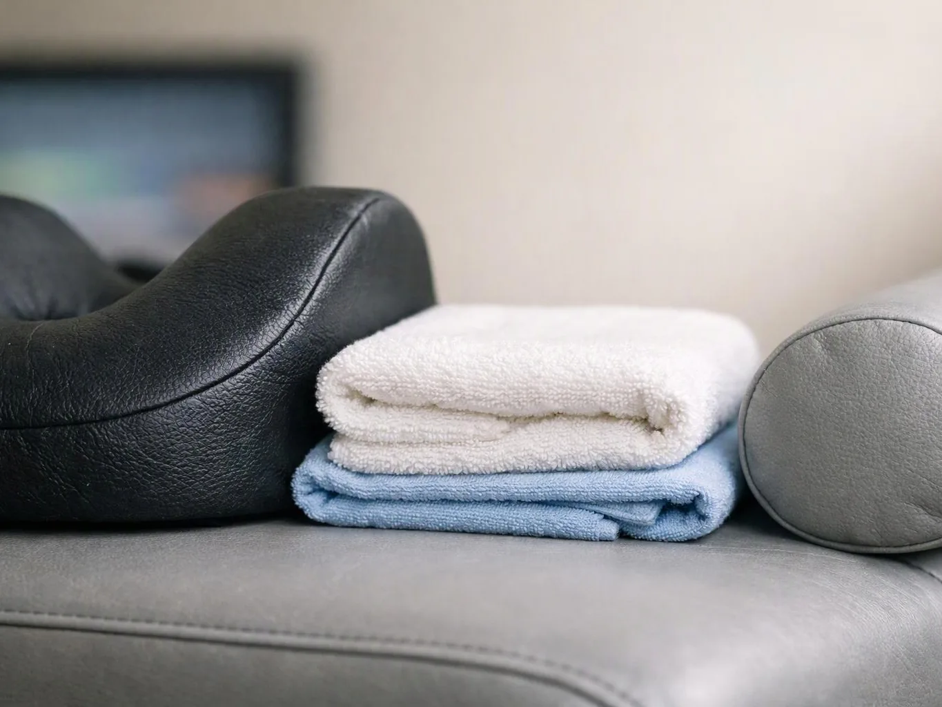 Folded white and blue towels rest between black and gray cushions on a gray sofa