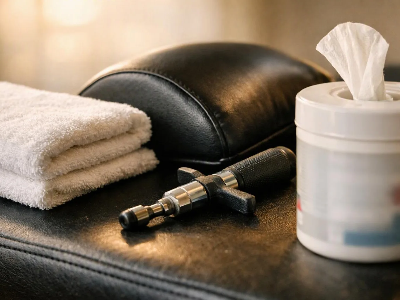 Folded white towels, a massage tool, and a tissue container rest on a black leather treatment bed