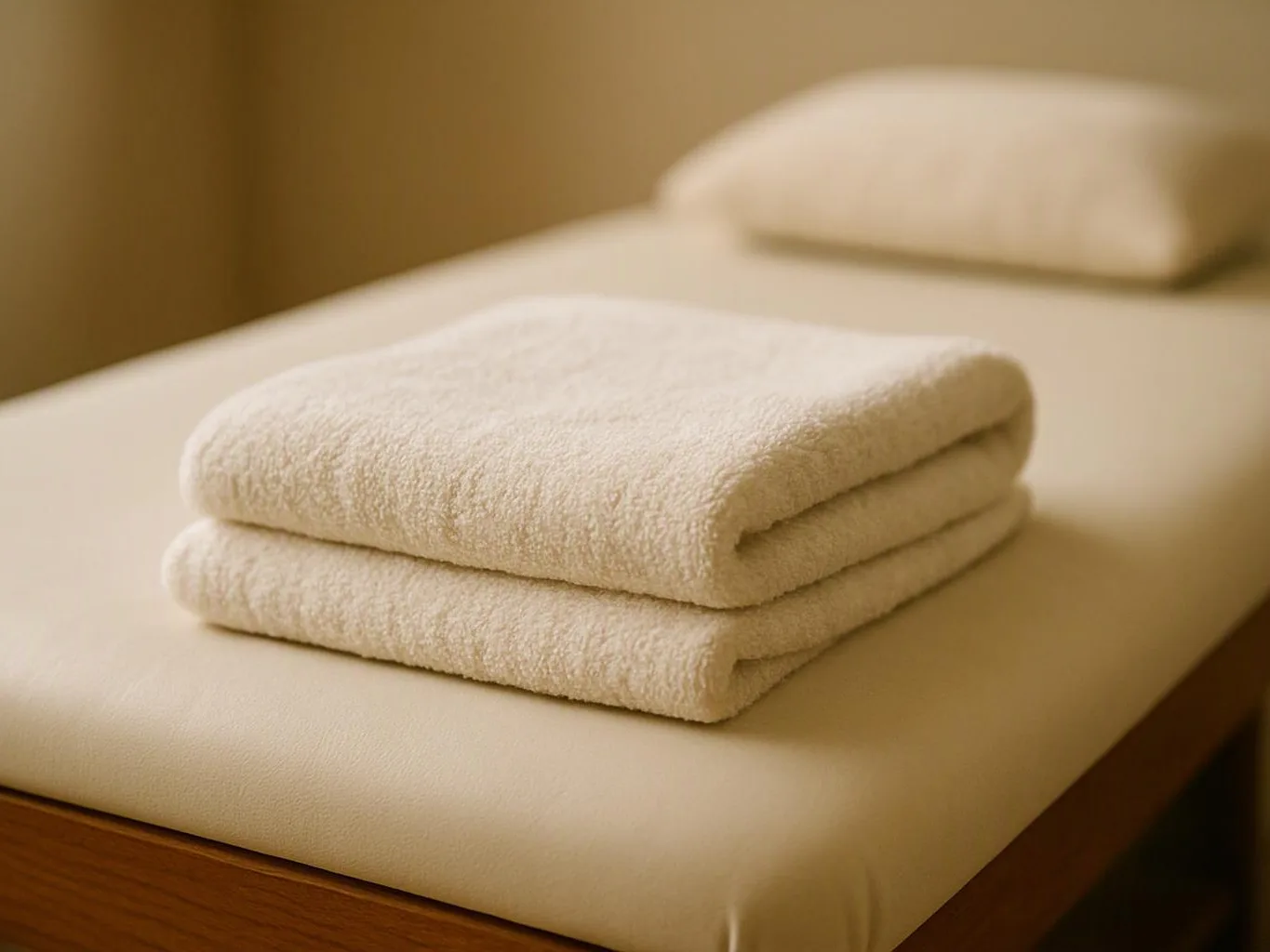 Folded white towels rest on a neatly made bed in a softly lit room