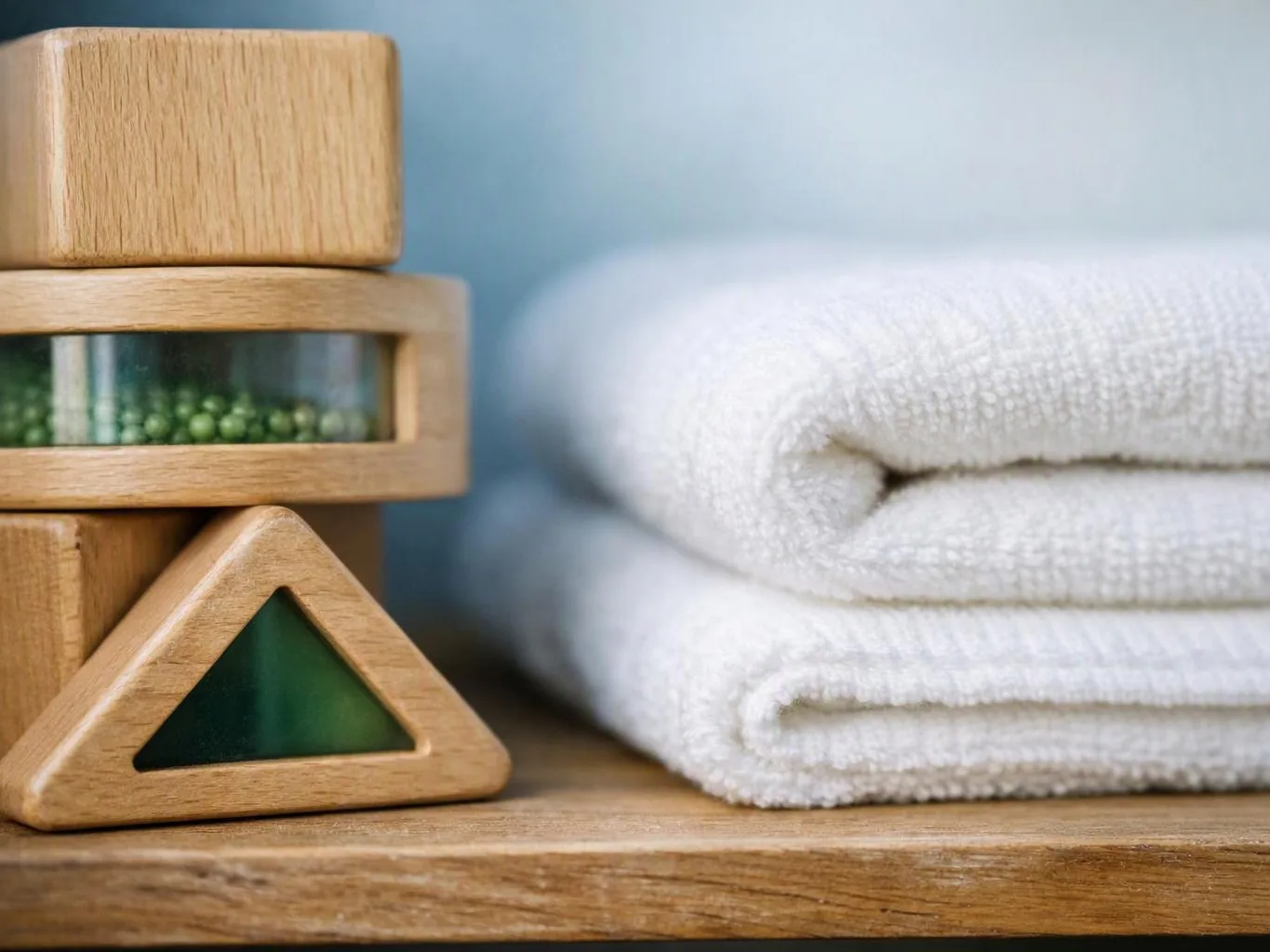 Folded white towels sit beside wooden toy blocks on a shelf against a soft blue background
