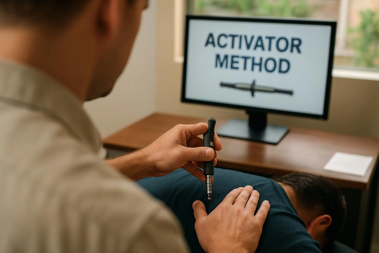 A person holds a pen-like tool over another person’s back beside a monitor reading “ACTIVATOR METHOD”