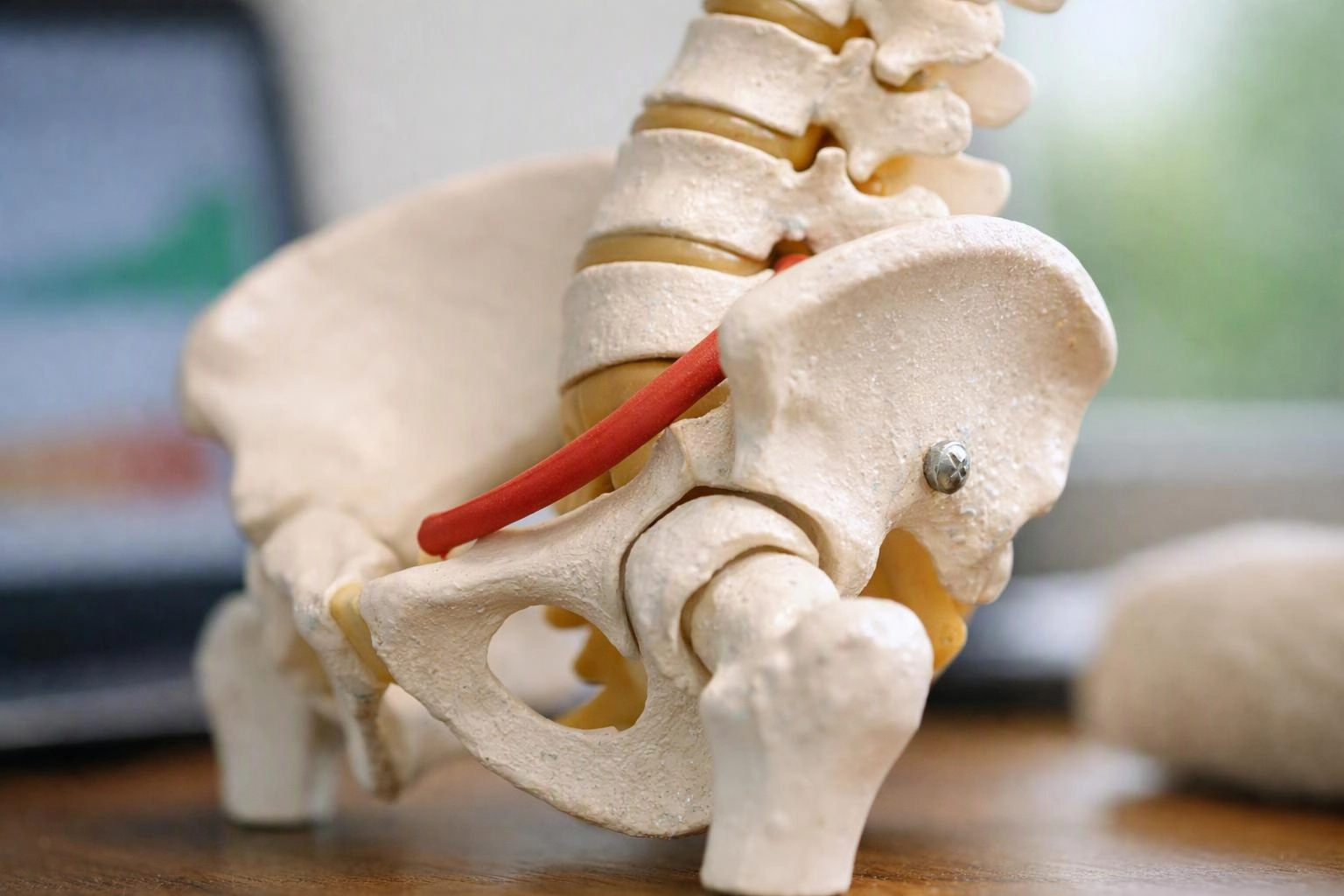 A close-up shows a plastic pelvic bone and lower spine model with a red cord on a wooden table