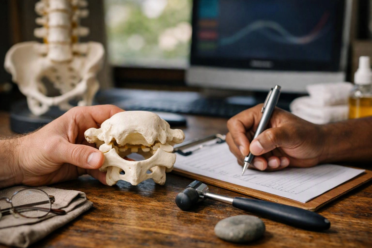 Two hands examine a small spine model while one writes on a clipboard at a desk