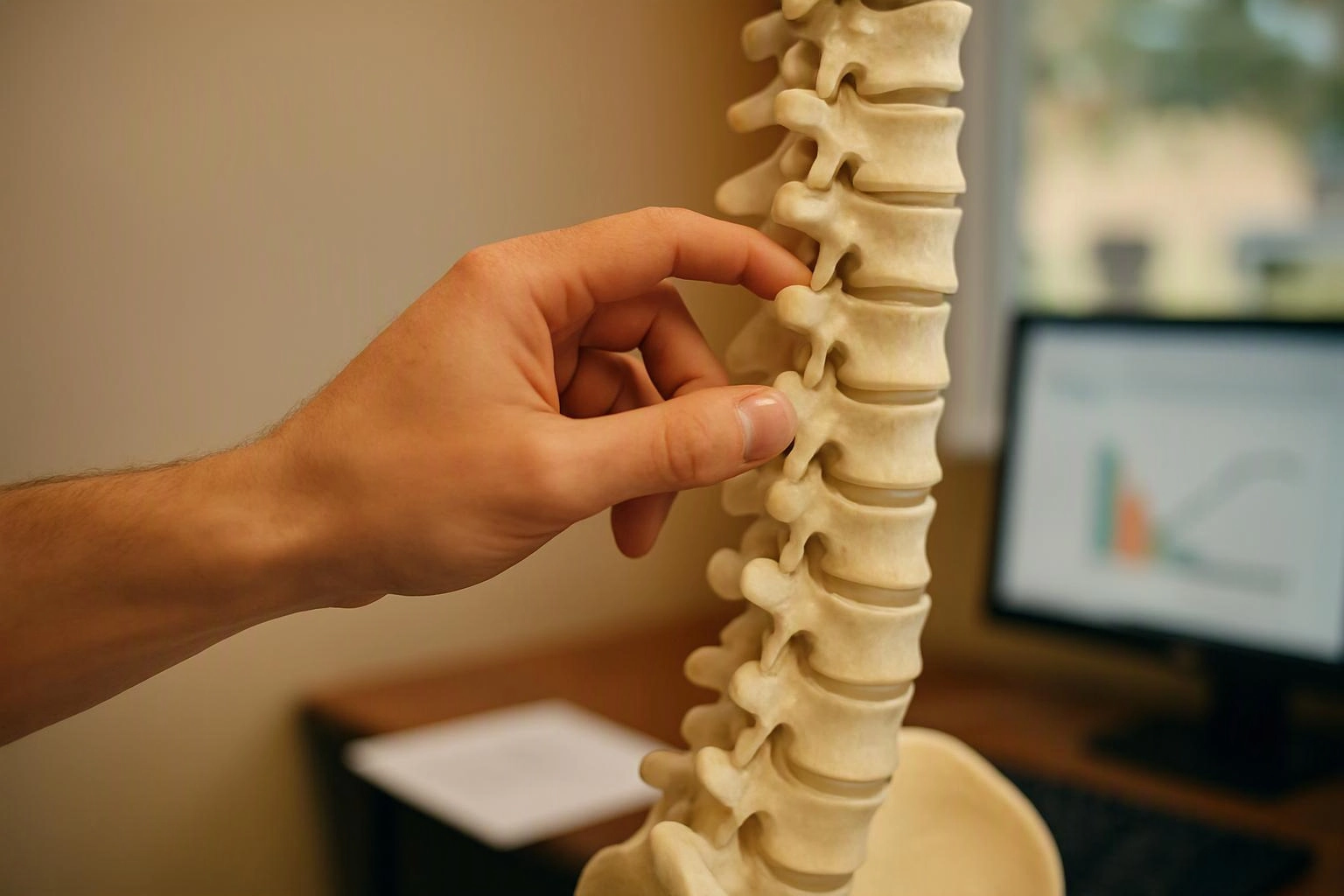 A hand points at a spine model beside a blurred computer screen in an office setting