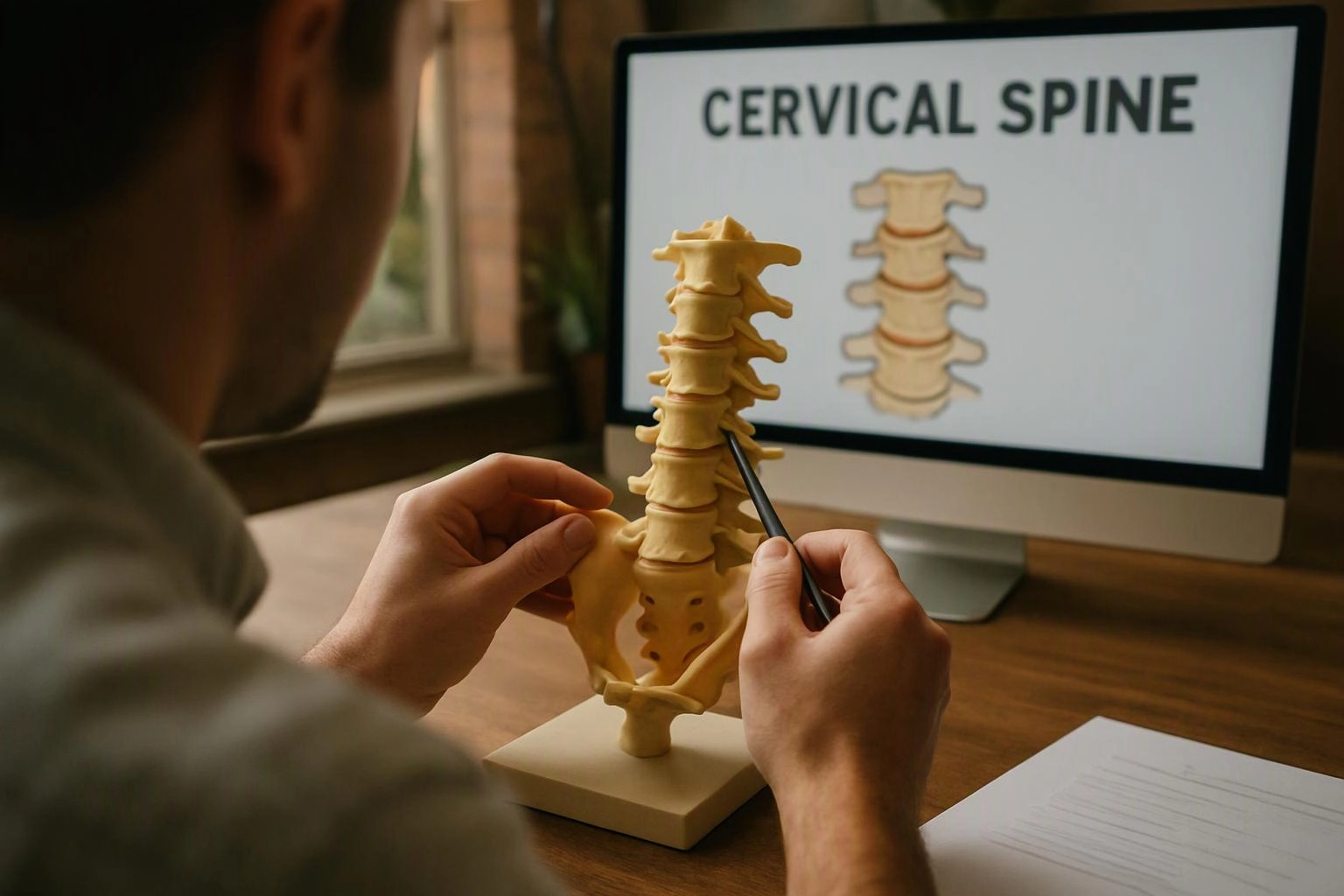 A person points at a cervical spine model beside a computer showing the words "CERVICAL SPINE"