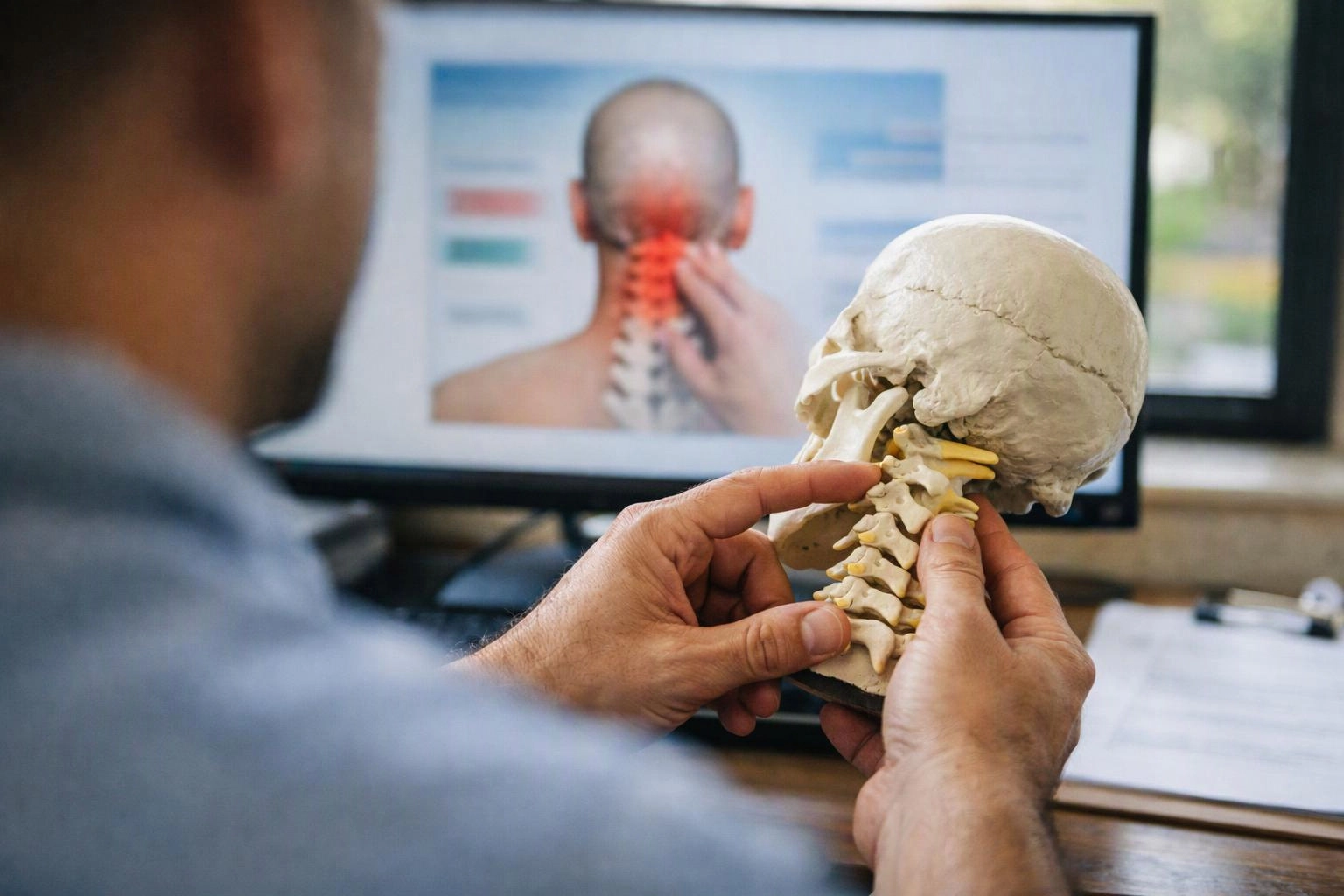 A person studies a neck skeleton model while a medical image glows on a computer monitor behind him