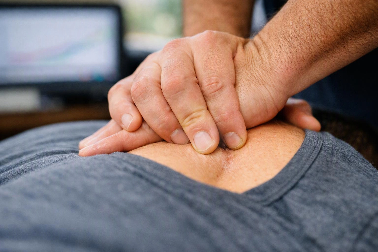 Hands pressing on a person’s lower back while they lie face down indoors