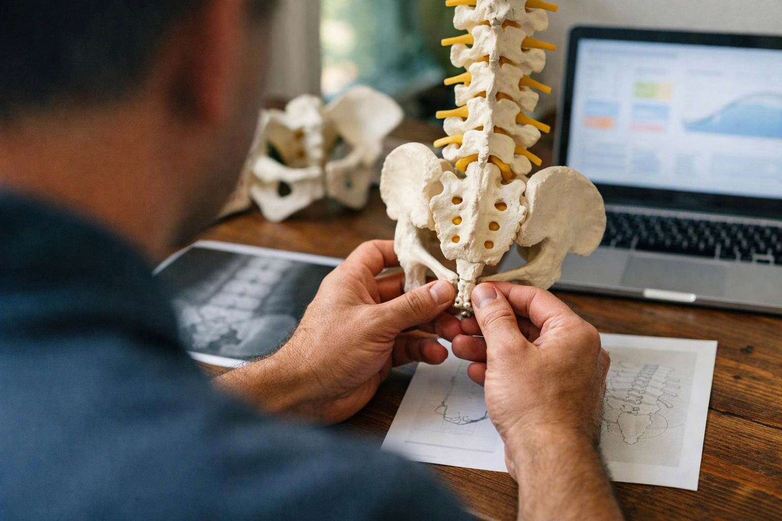 A person studies a pelvis and spine model at a desk beside a laptop and x-ray prints