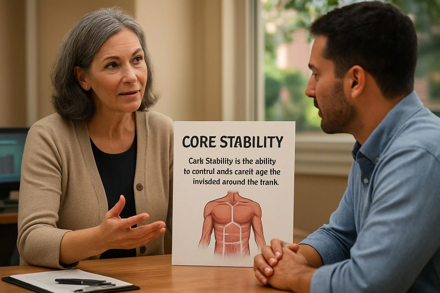 A woman and man talk at a table beside a poster about core stability with a torso illustration