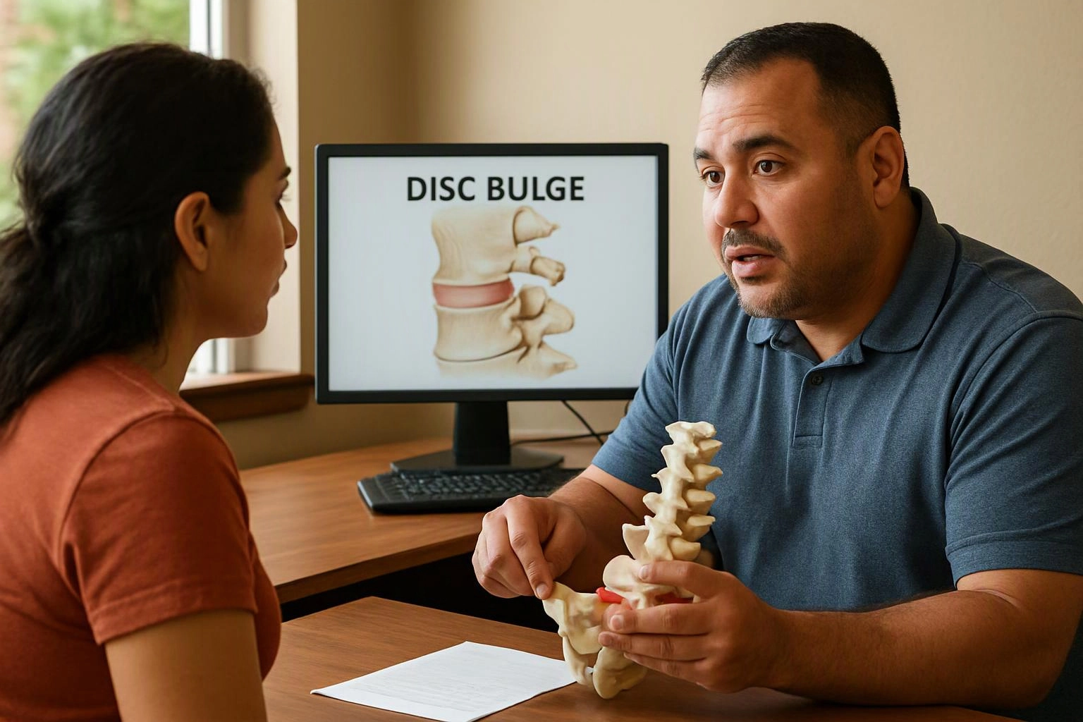 A man explains a spine model to a woman while a monitor shows “DISC BULGE” in a clinic office