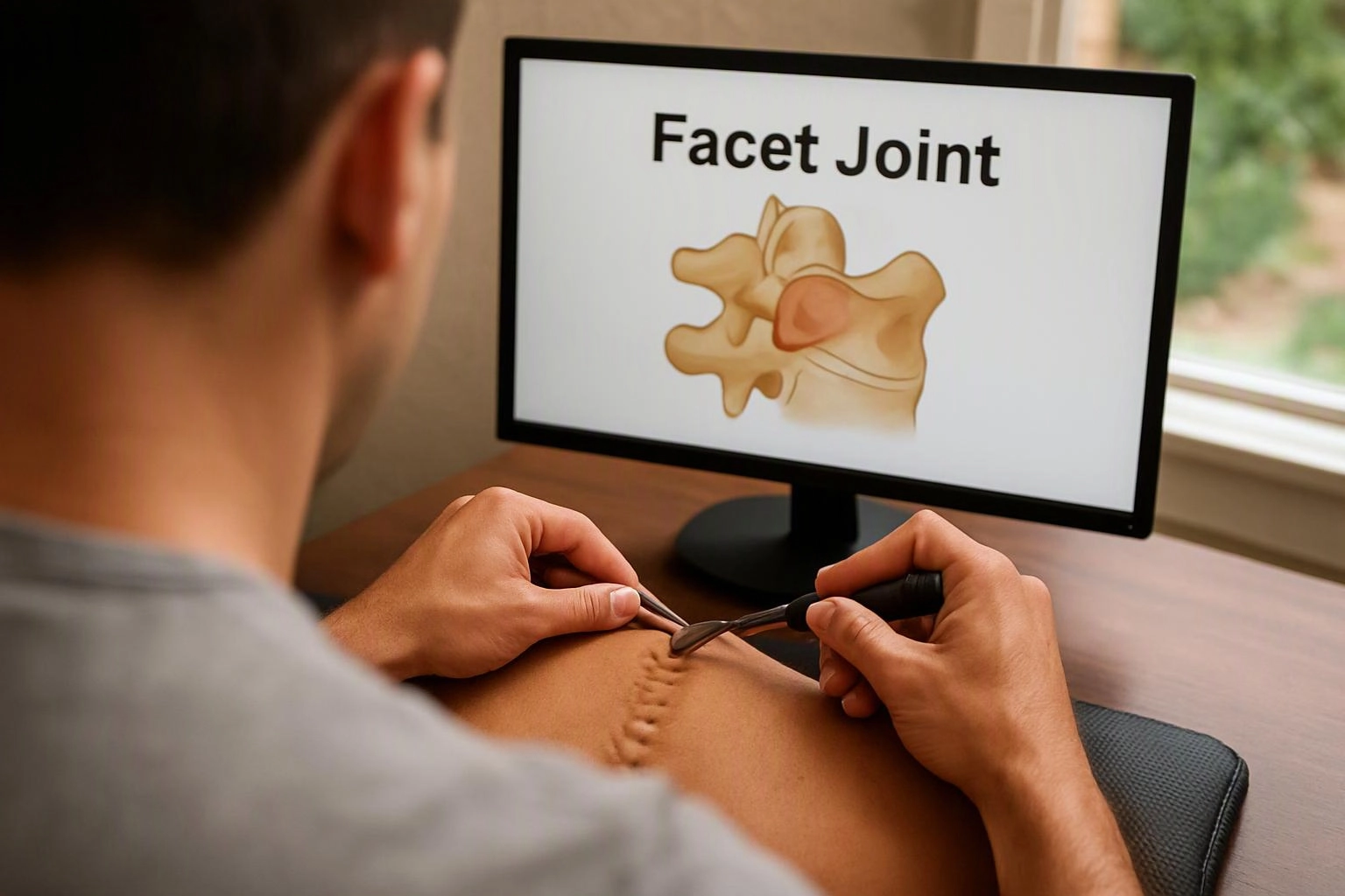A man examines a stitched skin model while a monitor displays a facet joint diagram