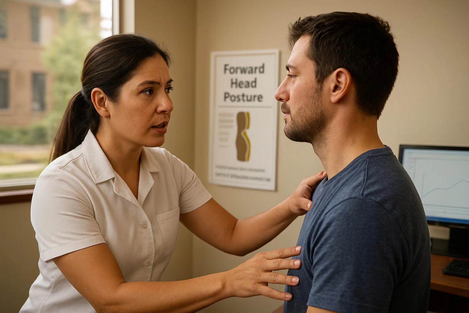 A clinician examines a man’s posture in a bright office, with a “Forward Head Posture” poster behind them