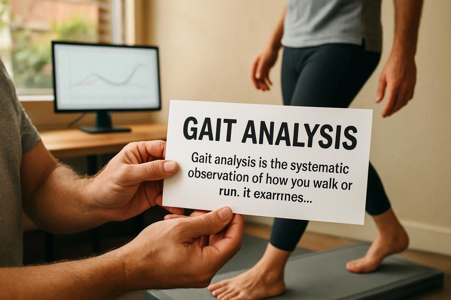 A person holds a gait analysis card while another stands on a mat beside a monitor in a clinic room