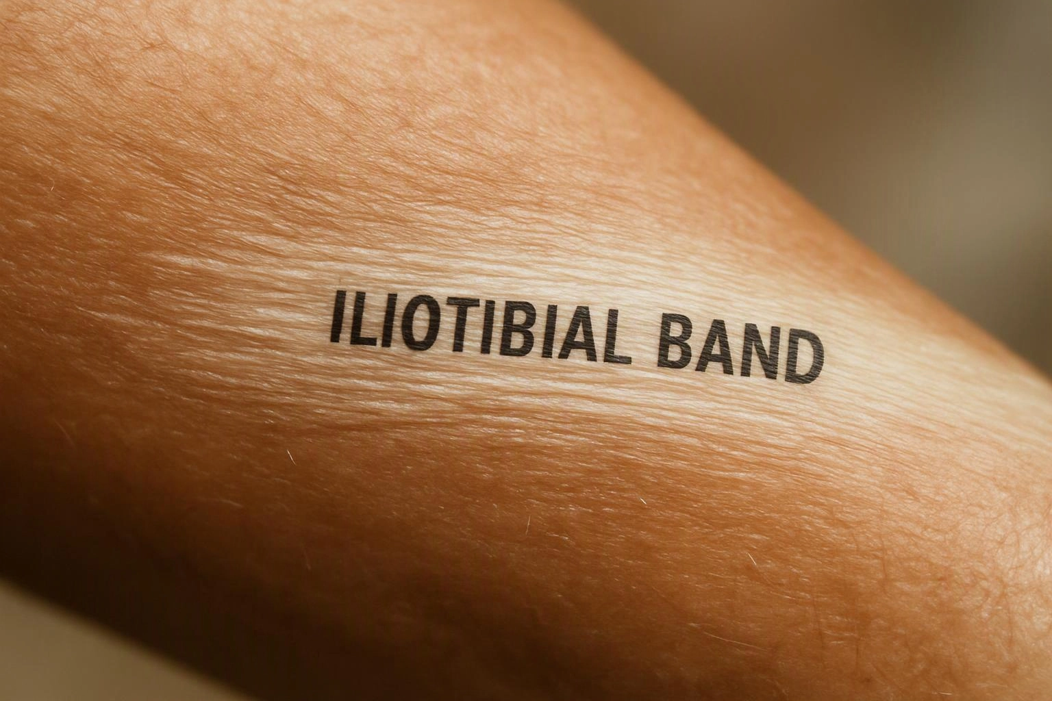 Close-up of skin with the words “ILIOTIBIAL BAND” printed across it