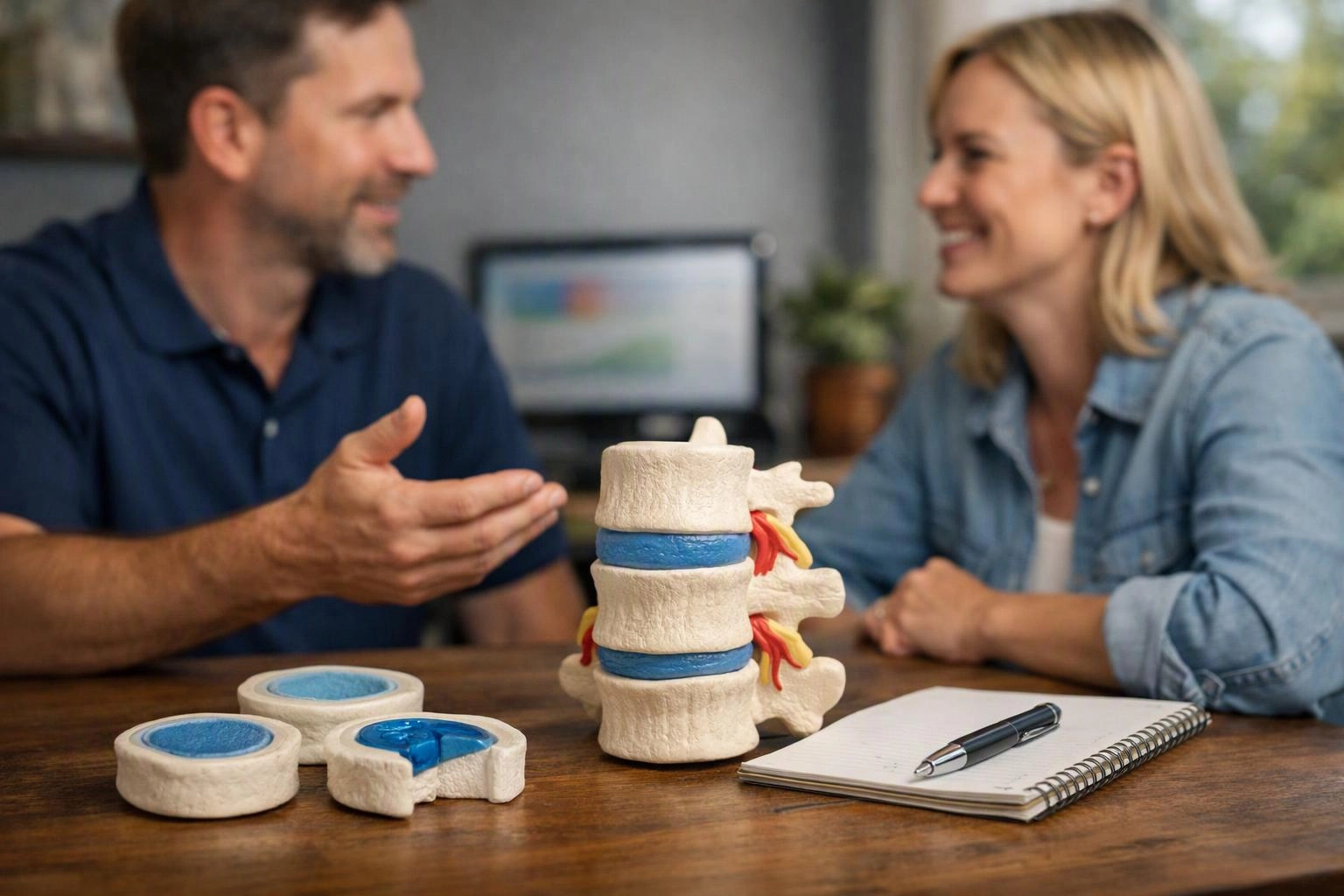 A man explains a spine model to a smiling woman at a desk with a notebook and pen