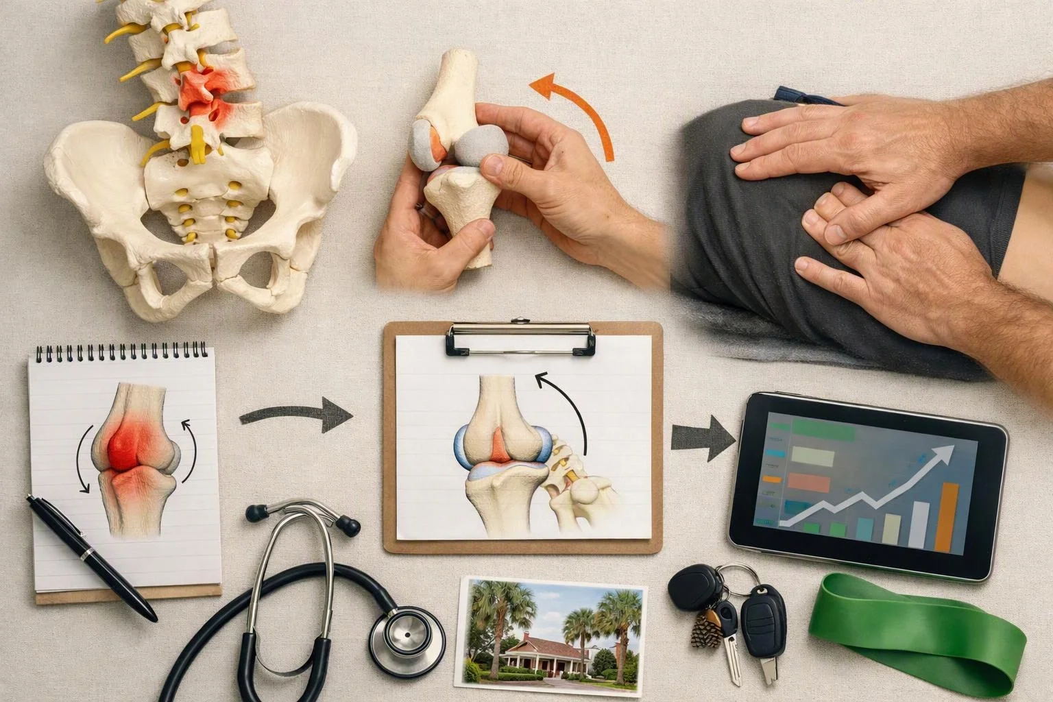 Medical illustrations, a knee exam, and rehab tools arranged on a desk with a tablet graph and car keys