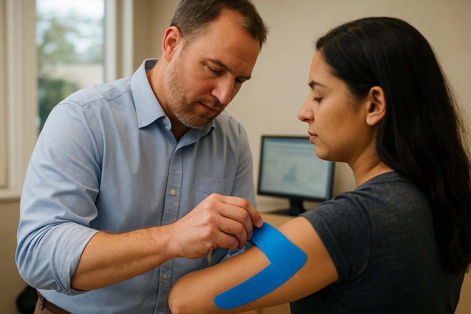A man applies blue kinesiology tape to a woman’s upper arm in a clinic room