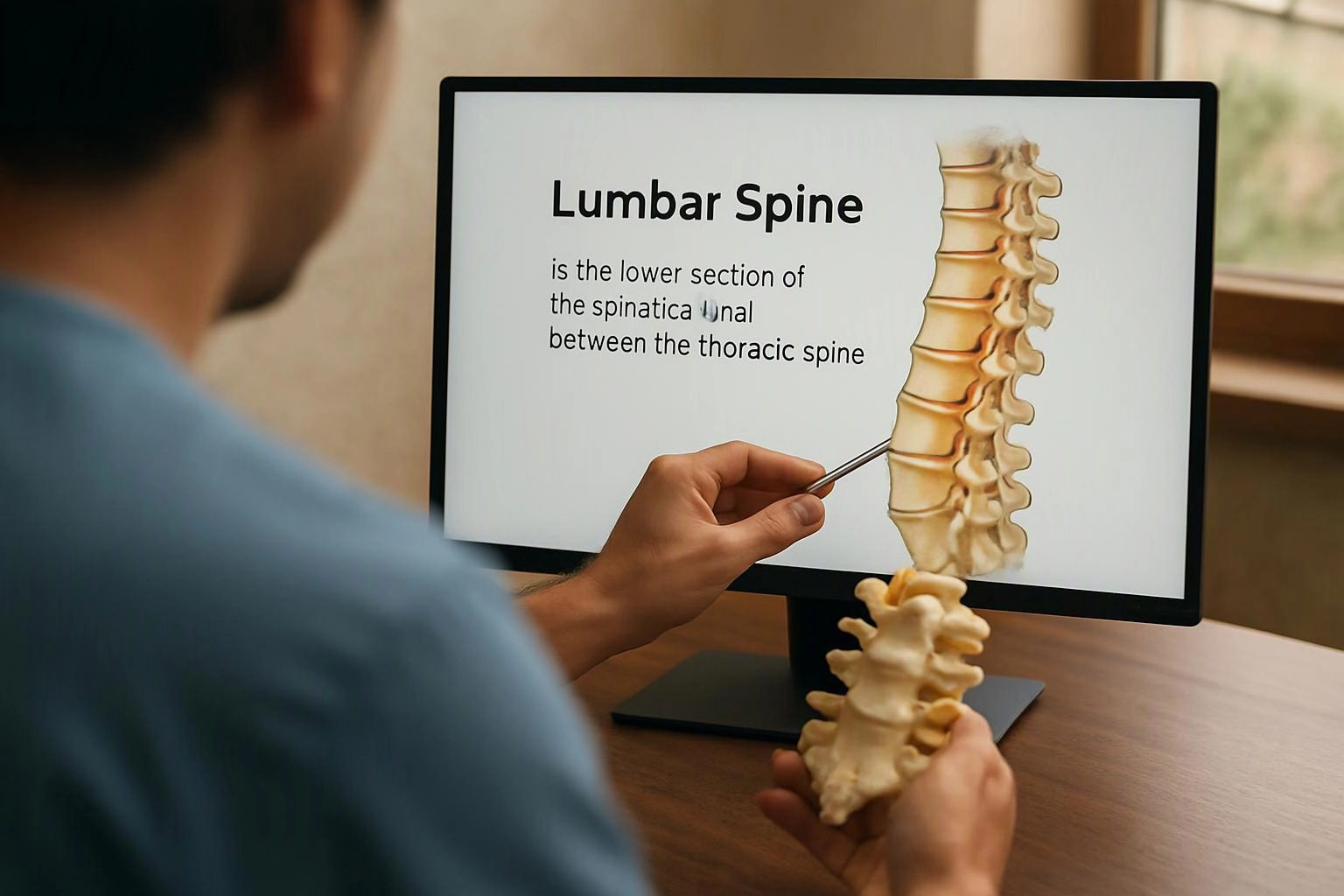 A person points at a spine model beside a monitor showing “Lumbar Spine” anatomy text and illustration