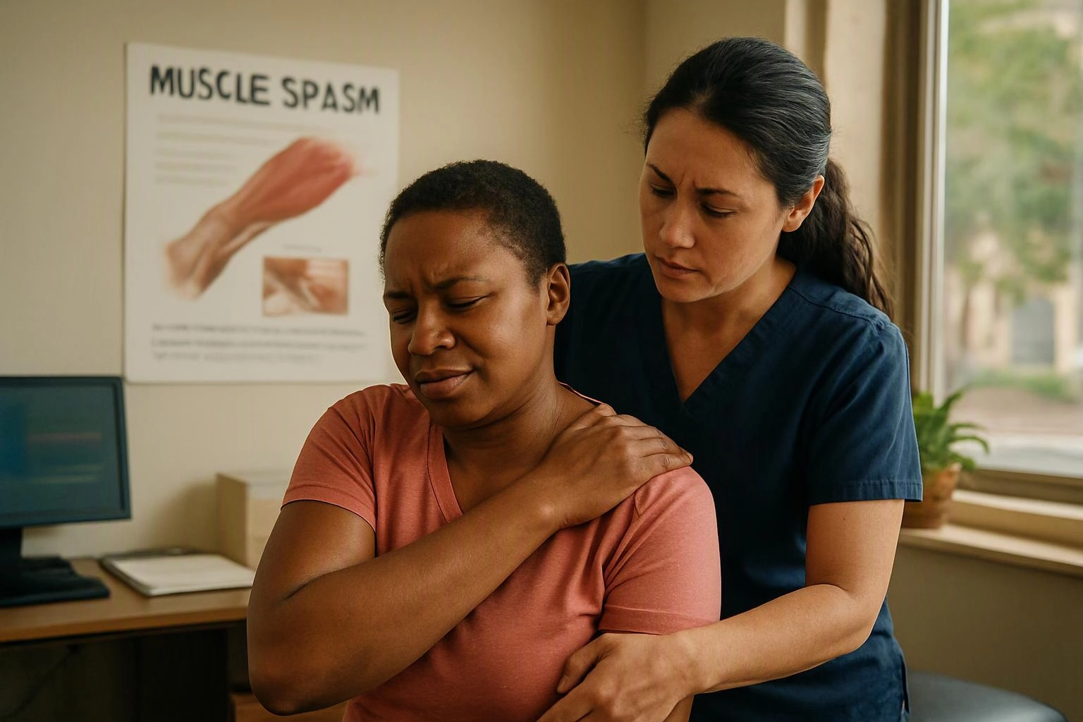 A nurse supports a woman clutching her shoulder in a medical office with a muscle spasm poster