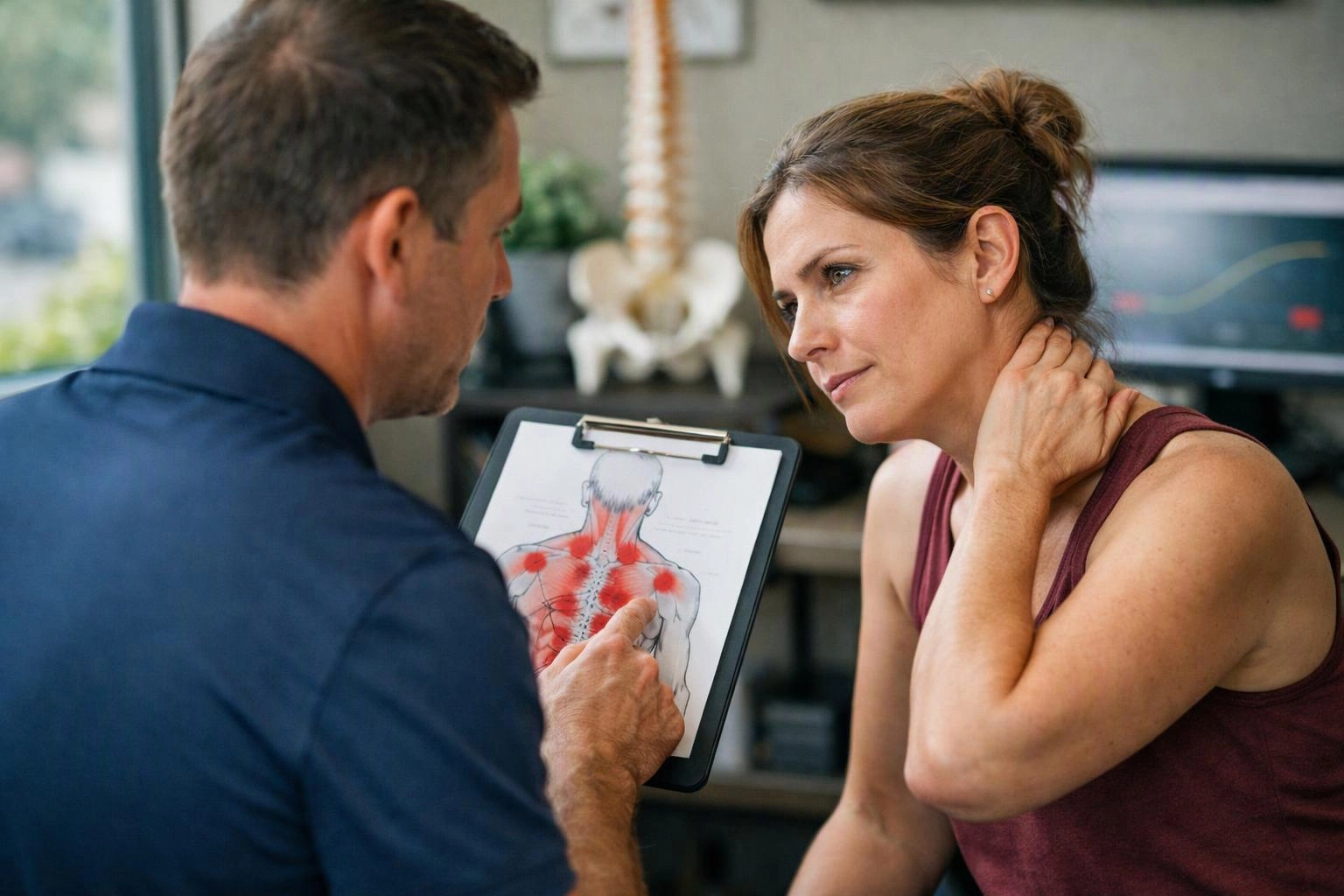 A clinician points to a shoulder muscle chart while a woman holds her neck in a treatment room