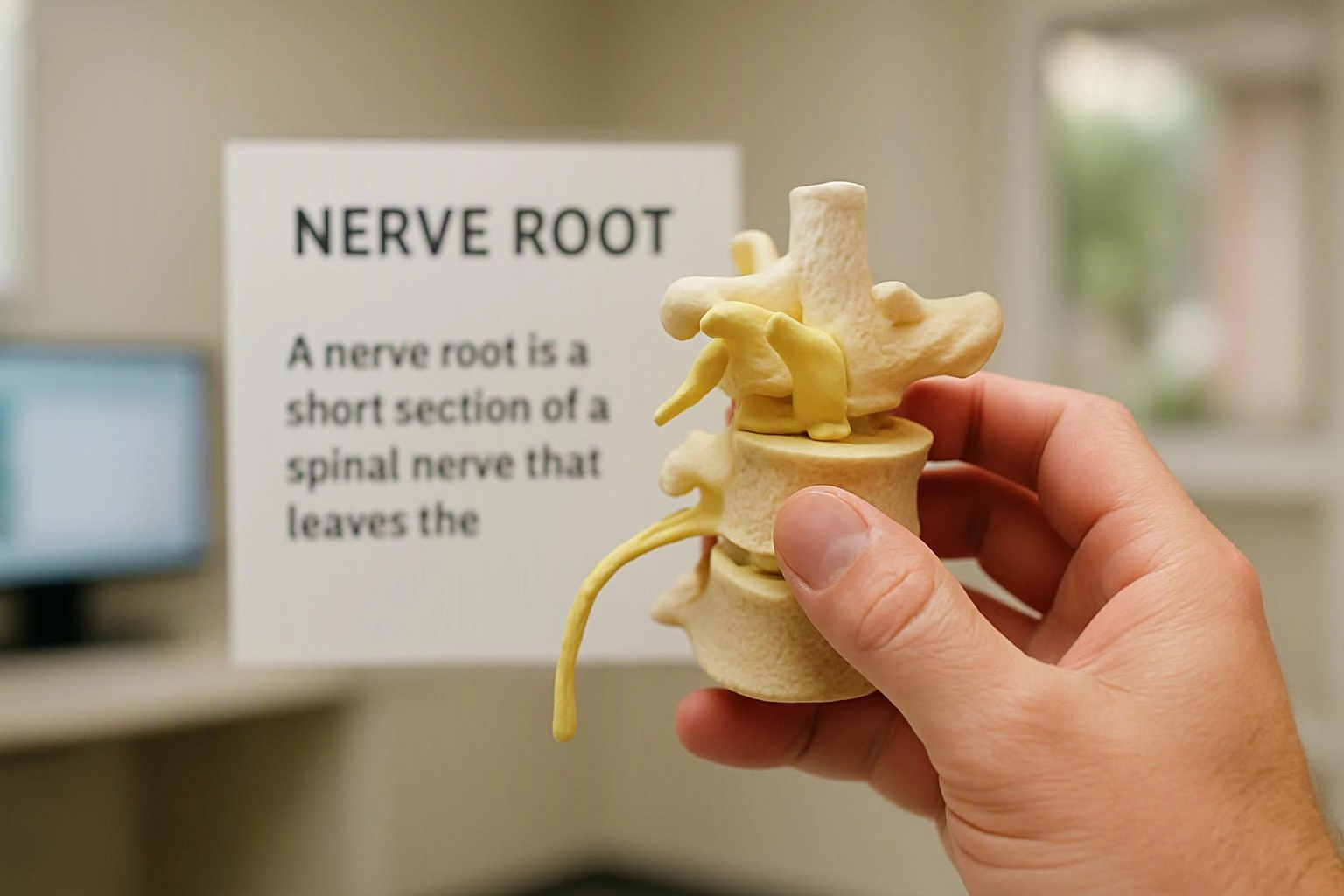 A hand holds a spine model in front of a sign about a nerve root