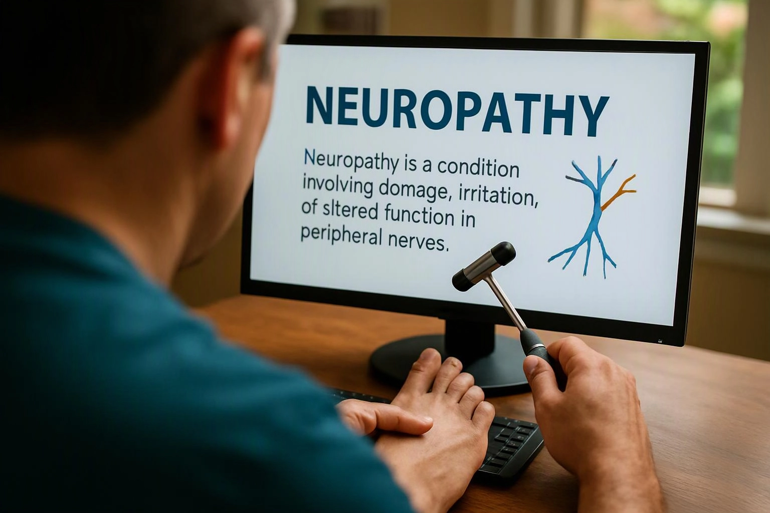 A person examines a foot with a reflex hammer while a monitor shows neuropathy text and a nerve diagram