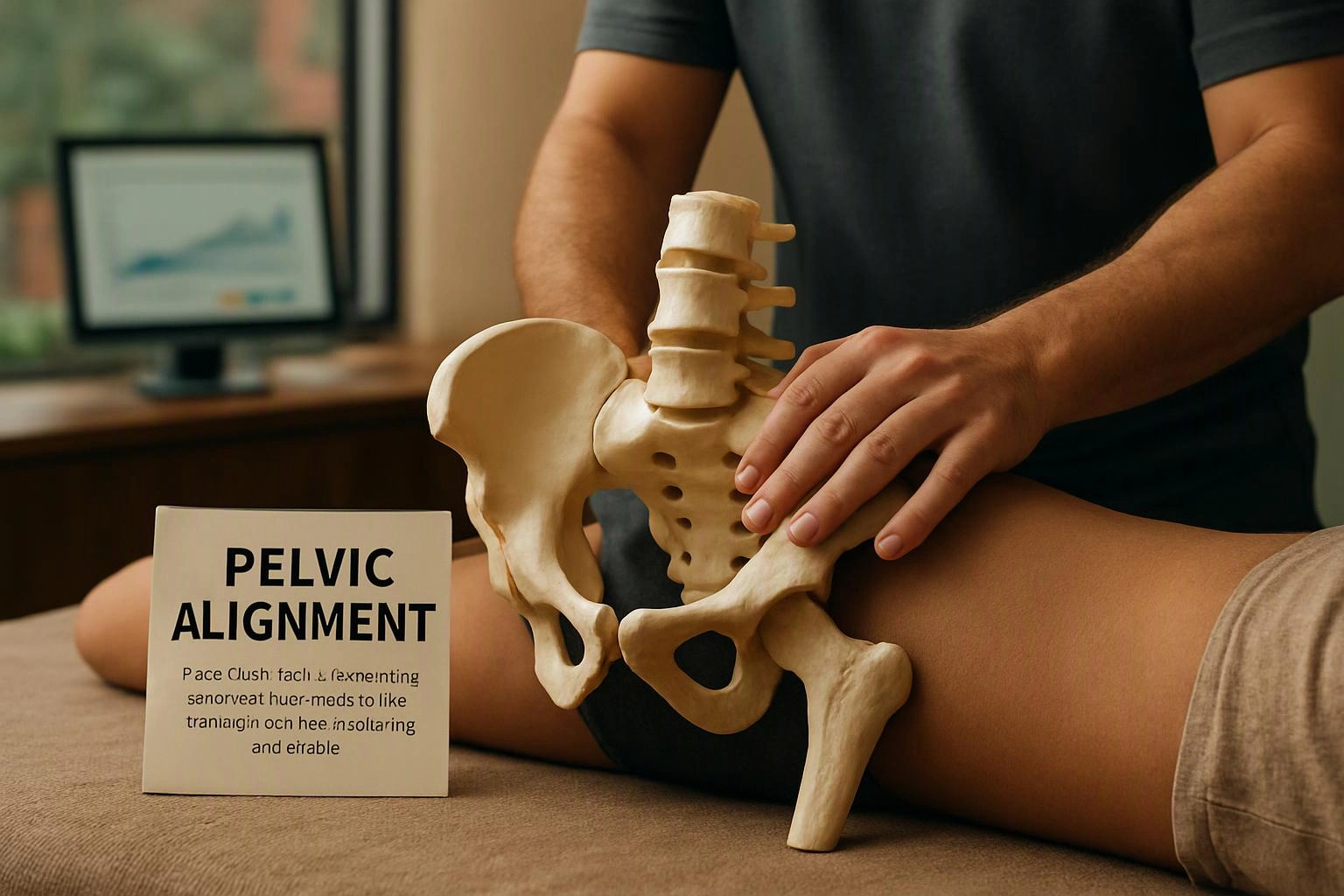 A therapist holds a pelvis model against a patient’s hip beside a “PELVIC ALIGNMENT” sign in a treatment room