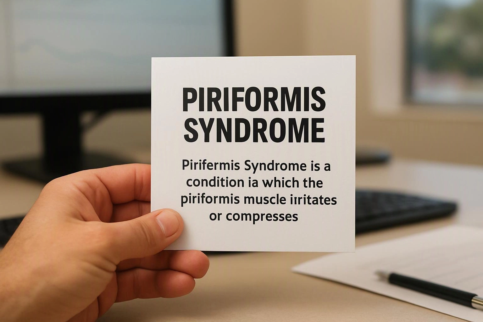 A hand holds a card reading “PIRIFORMIS SYNDROME” above a desk with a keyboard and paper