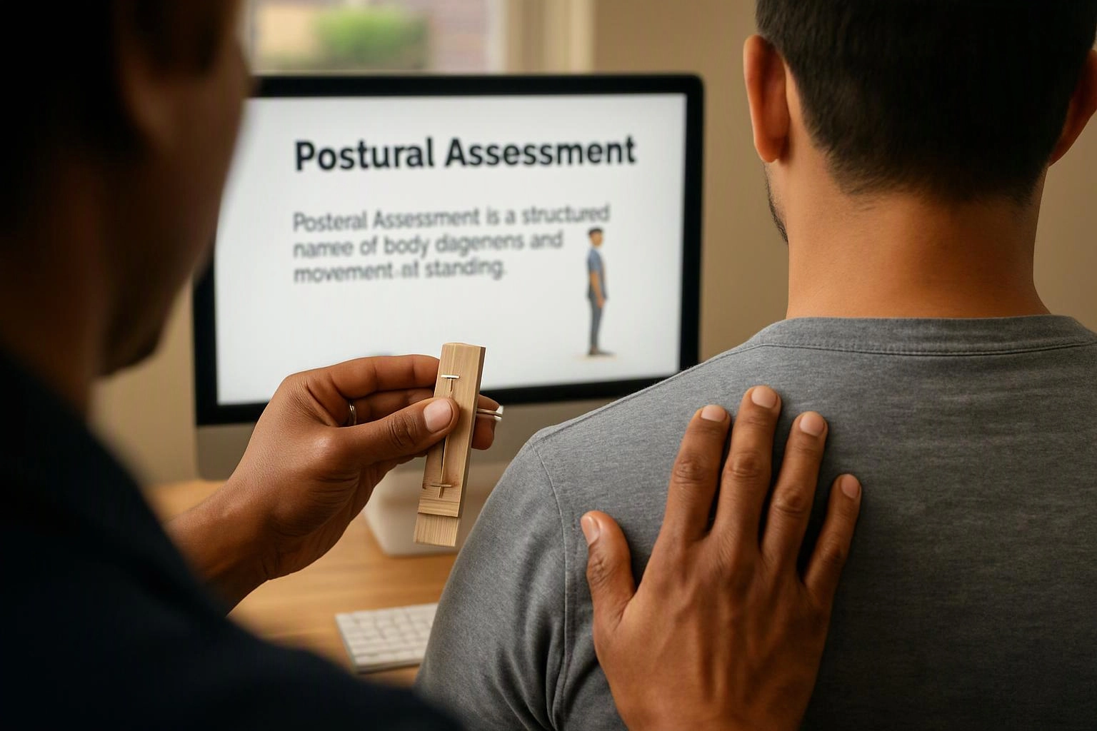 A person checks another person’s posture beside a computer showing “Postural Assessment”
